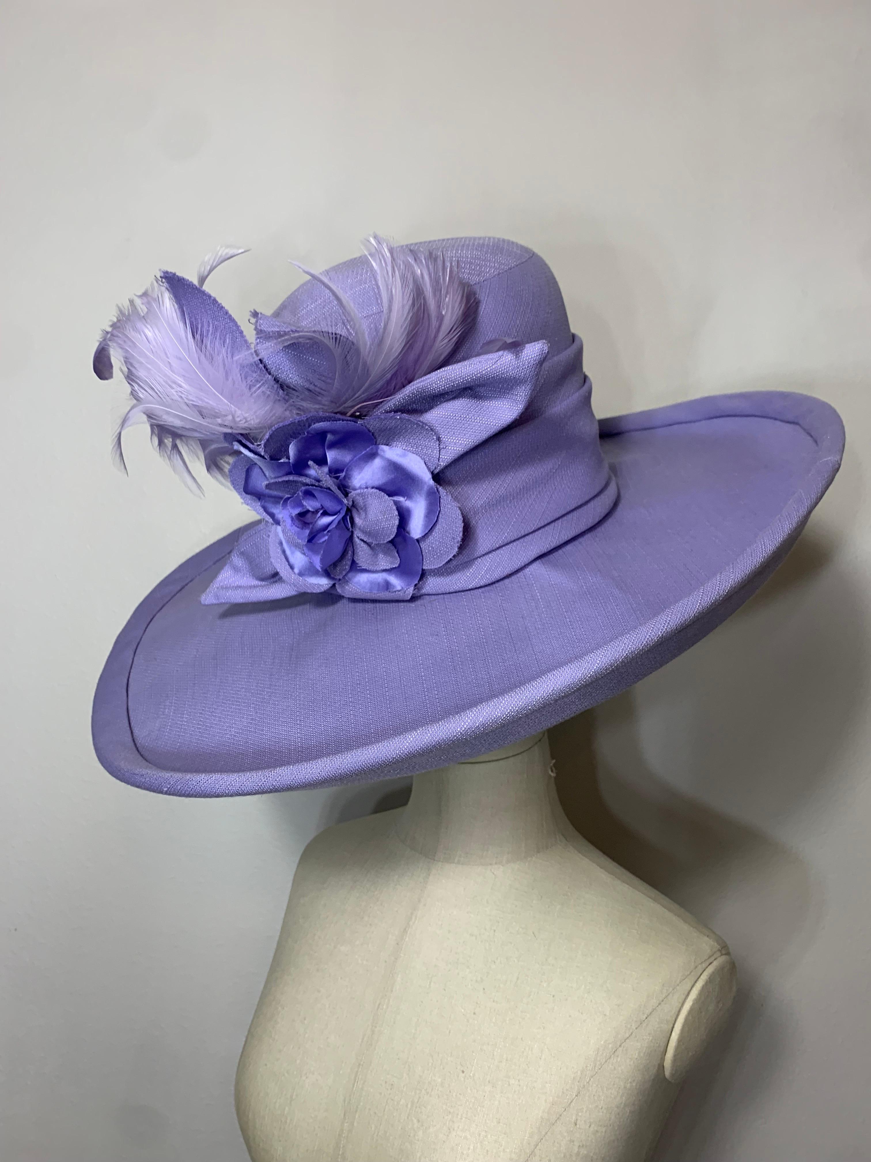 2010 Maison Michel Lavender Linen Wide Brim Hat w Feather & Floral Bouquet For Sale 8