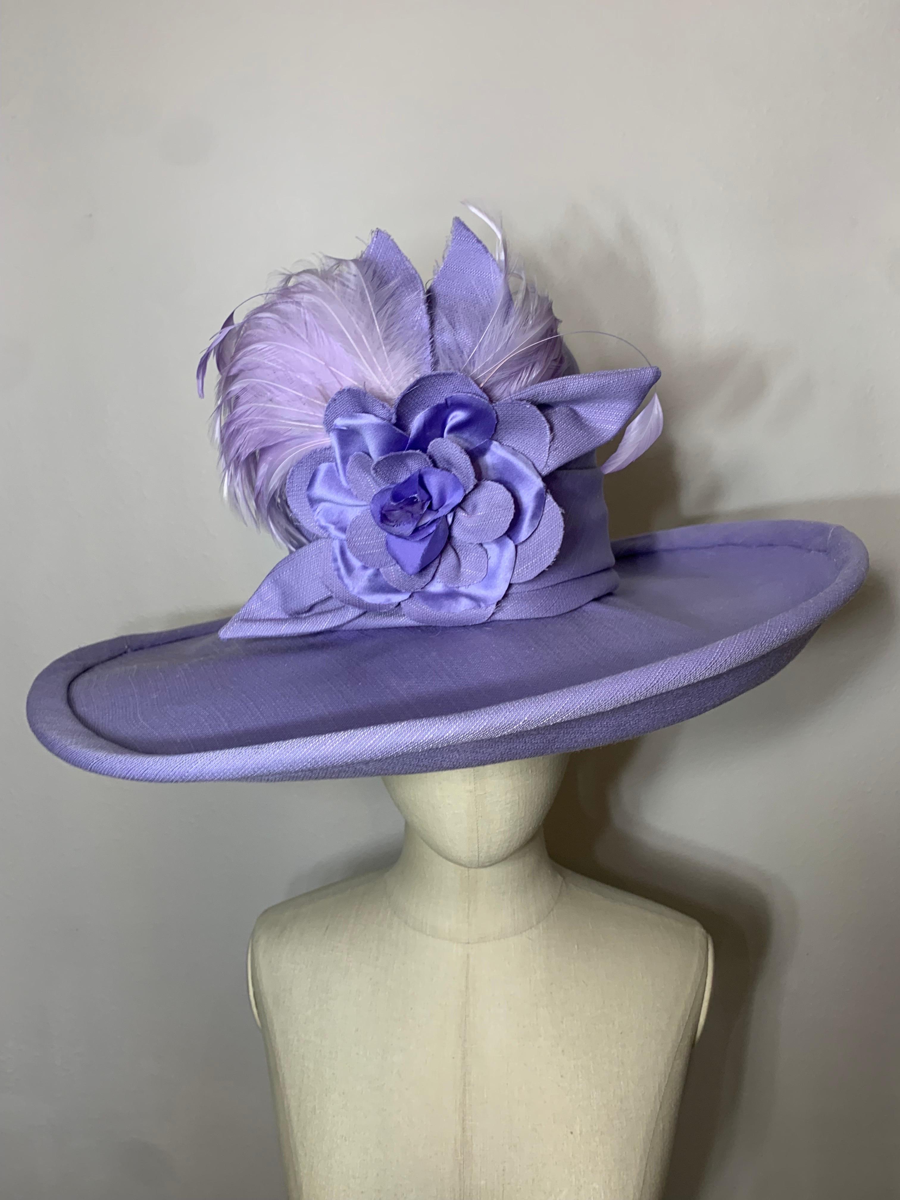 2010 Maison Michel Spring / Summer Lavender Linen Wide Brim Hat w Feather & Floral Bouquet: Tall body hat is made from Christian Dior couture fabric (made to order with a matching Dior ensemble) with pleated contrasting hat band, dyed to match coq