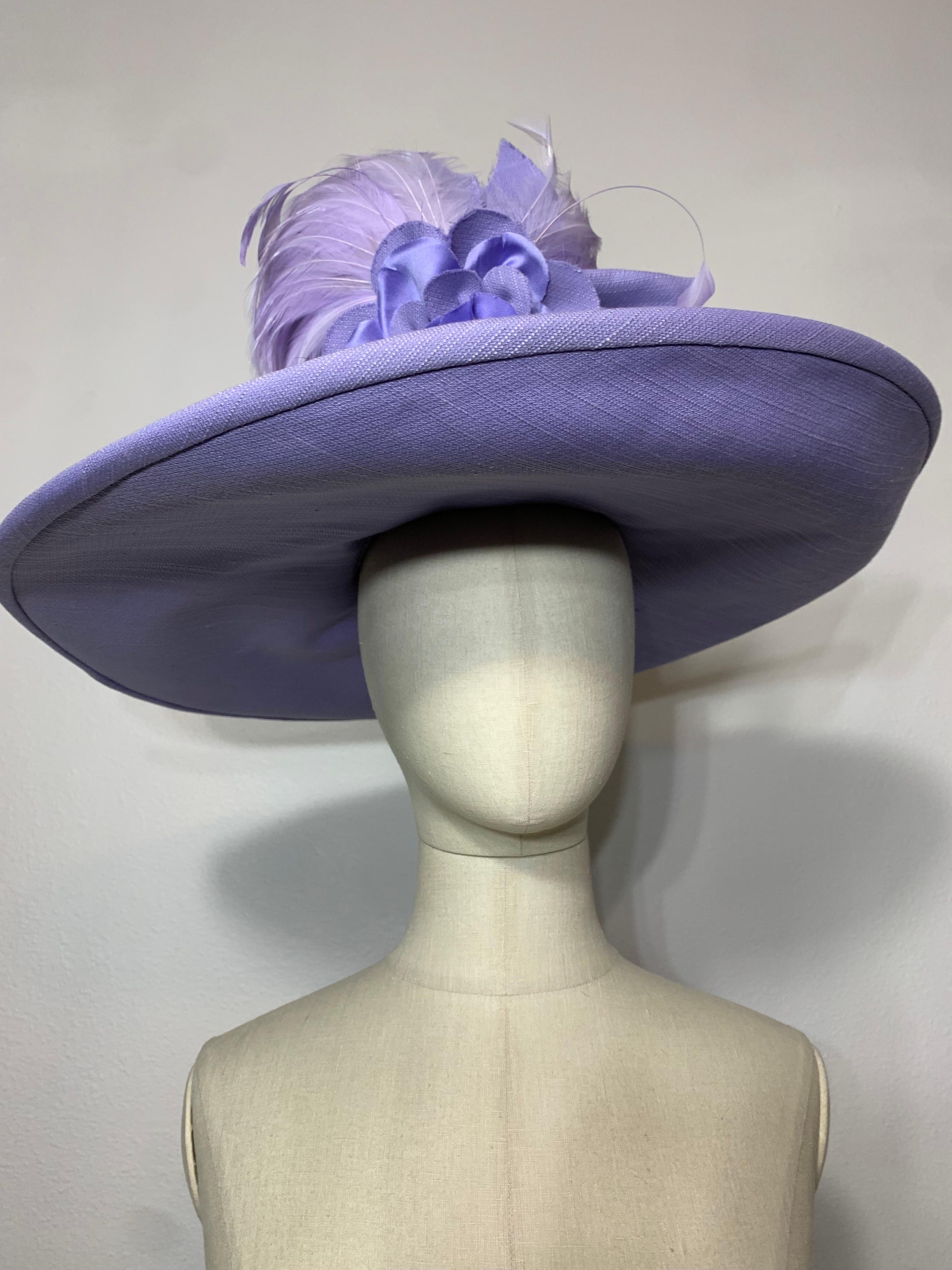 Women's 2010 Maison Michel Lavender Linen Wide Brim Hat w Feather & Floral Bouquet  For Sale