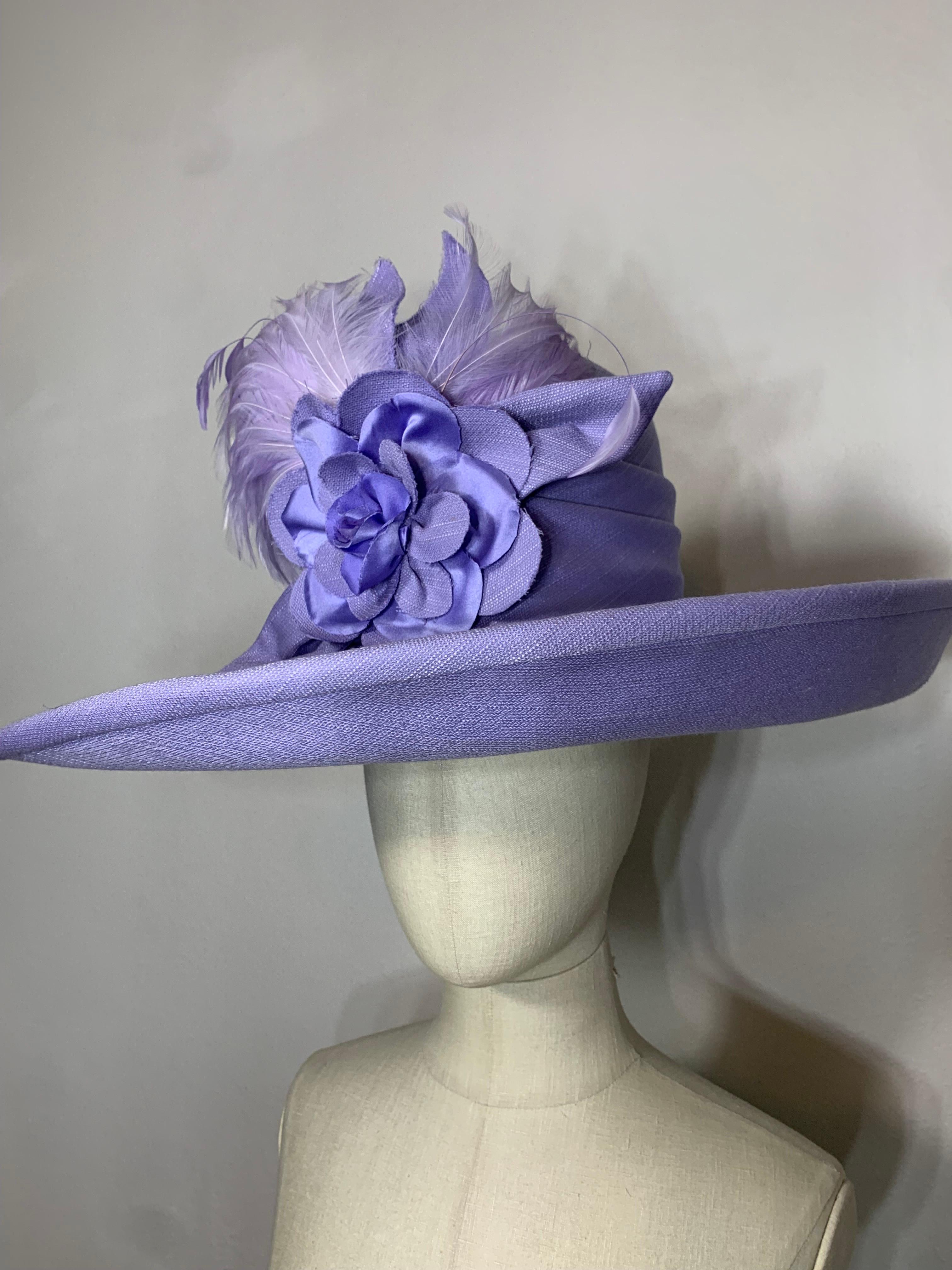 2010 Maison Michel Lavender Linen Wide Brim Hat w Feather & Floral Bouquet  For Sale 1