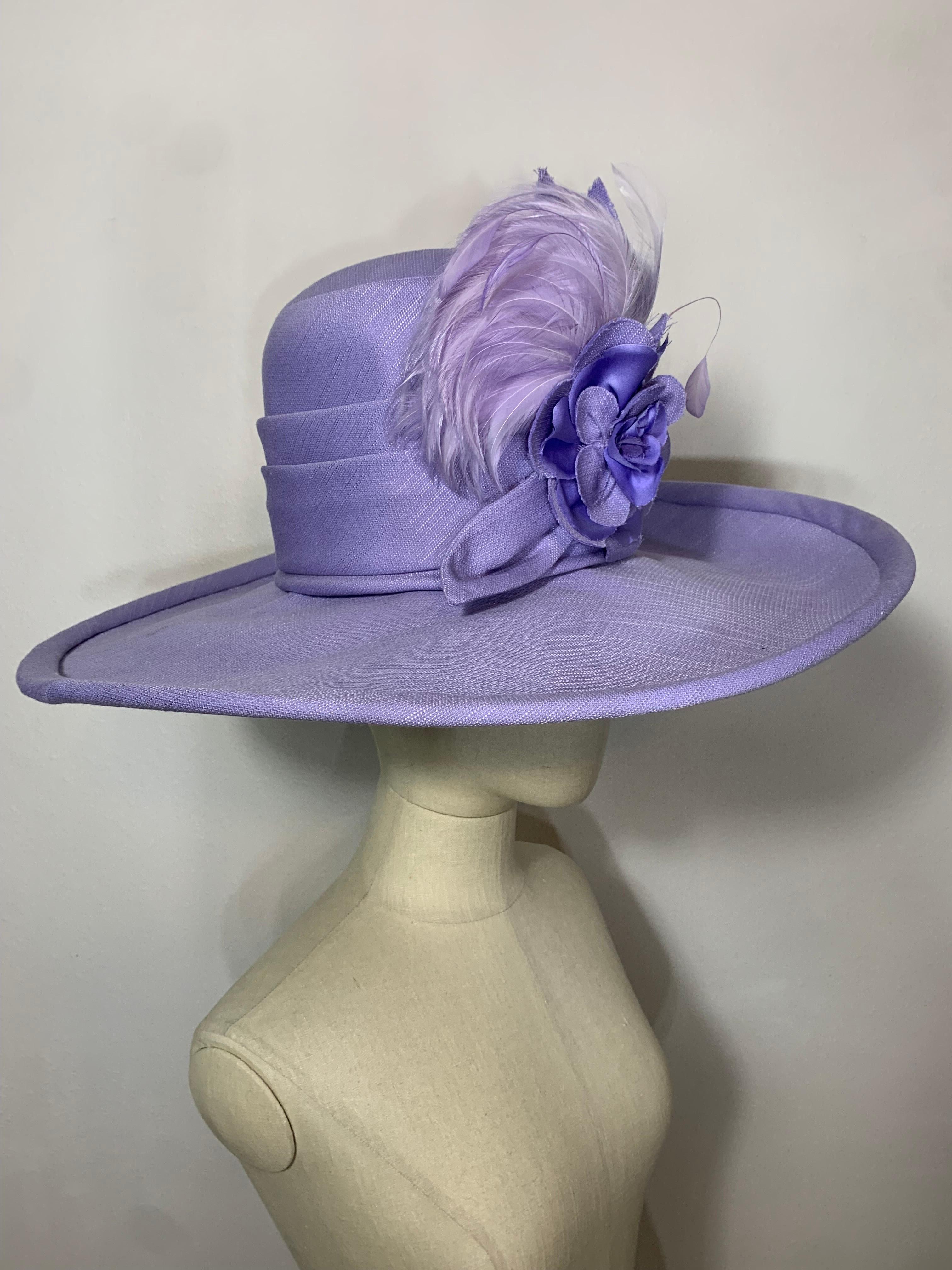 2010 Maison Michel Lavender Linen Wide Brim Hat w Feather & Floral Bouquet  For Sale 2