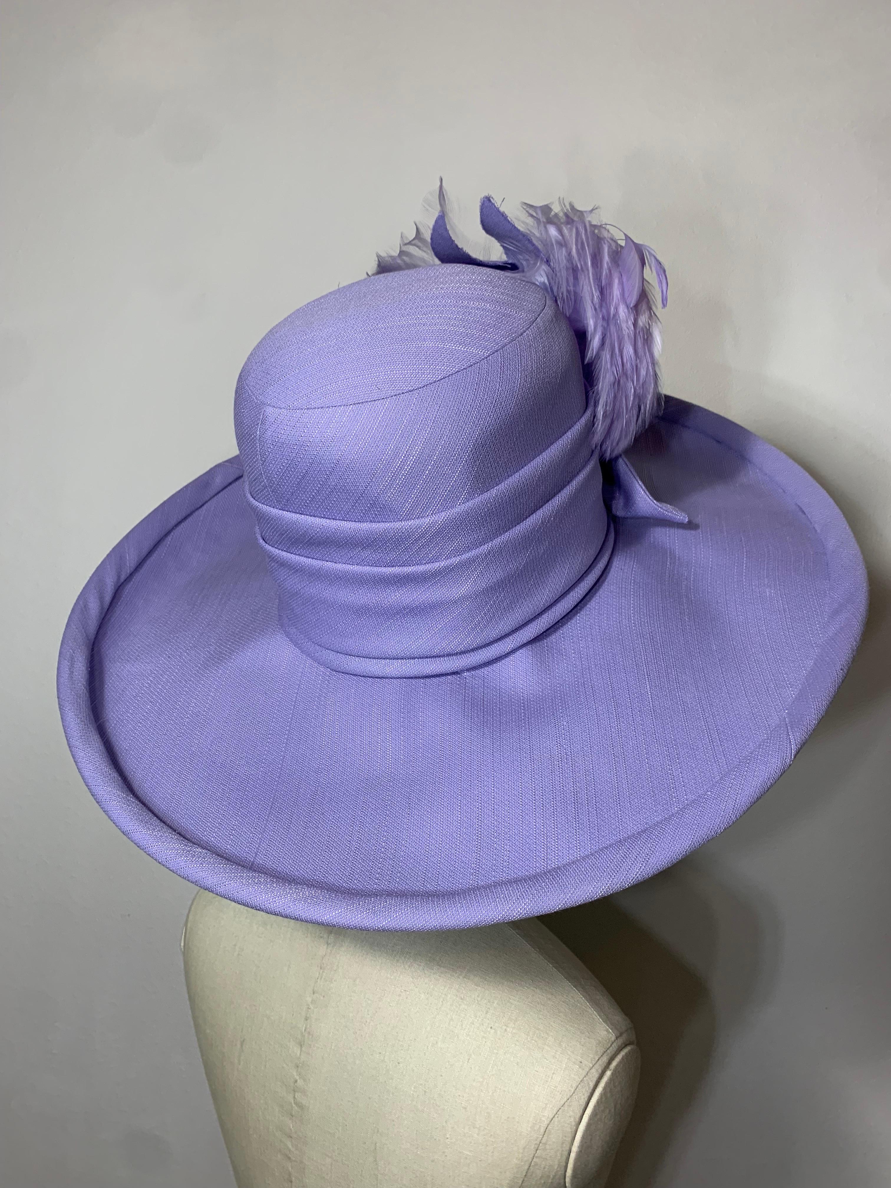 2010 Maison Michel Lavender Linen Wide Brim Hat w Feather & Floral Bouquet  For Sale 3