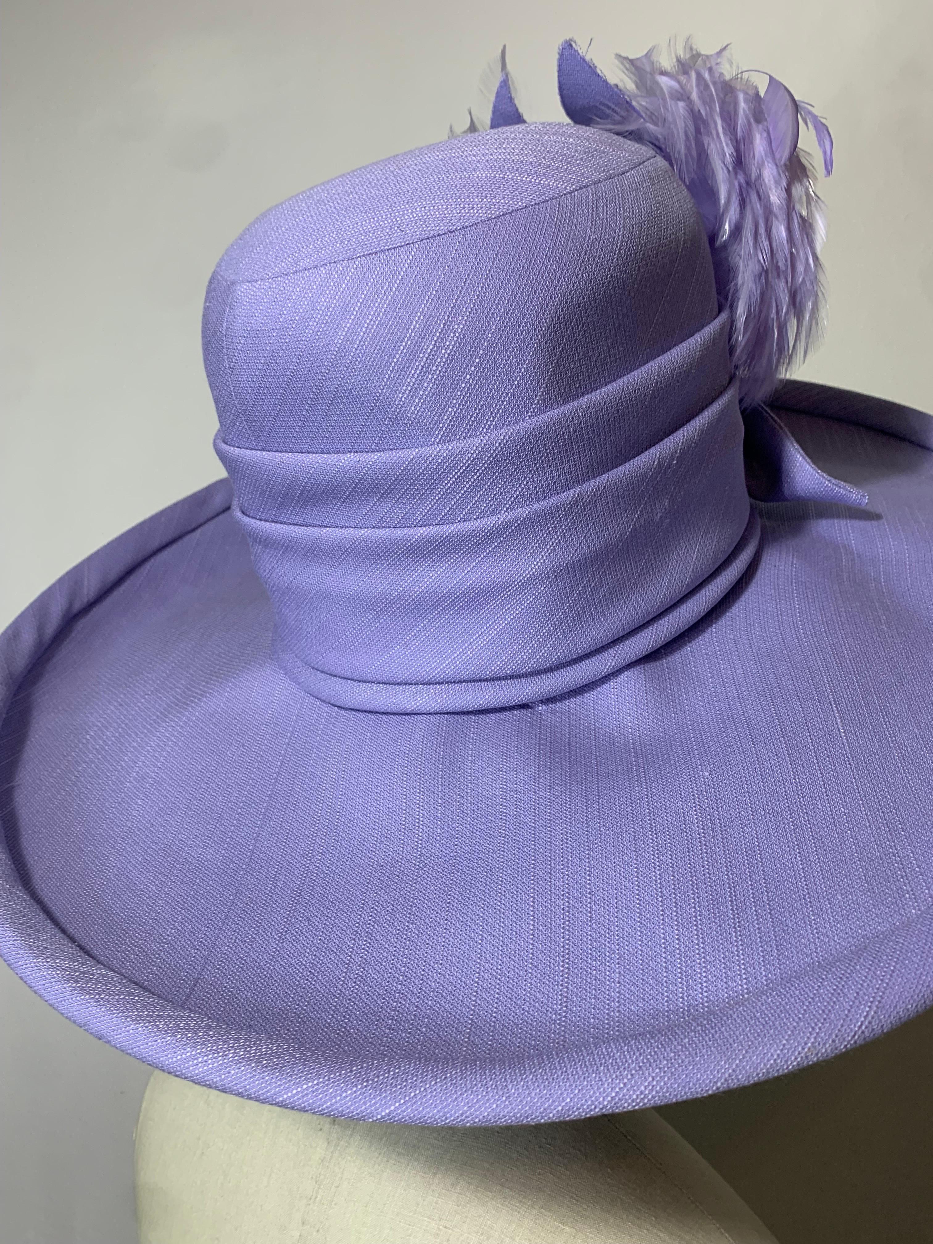 2010 Maison Michel Lavender Linen Wide Brim Hat w Feather & Floral Bouquet  For Sale 4