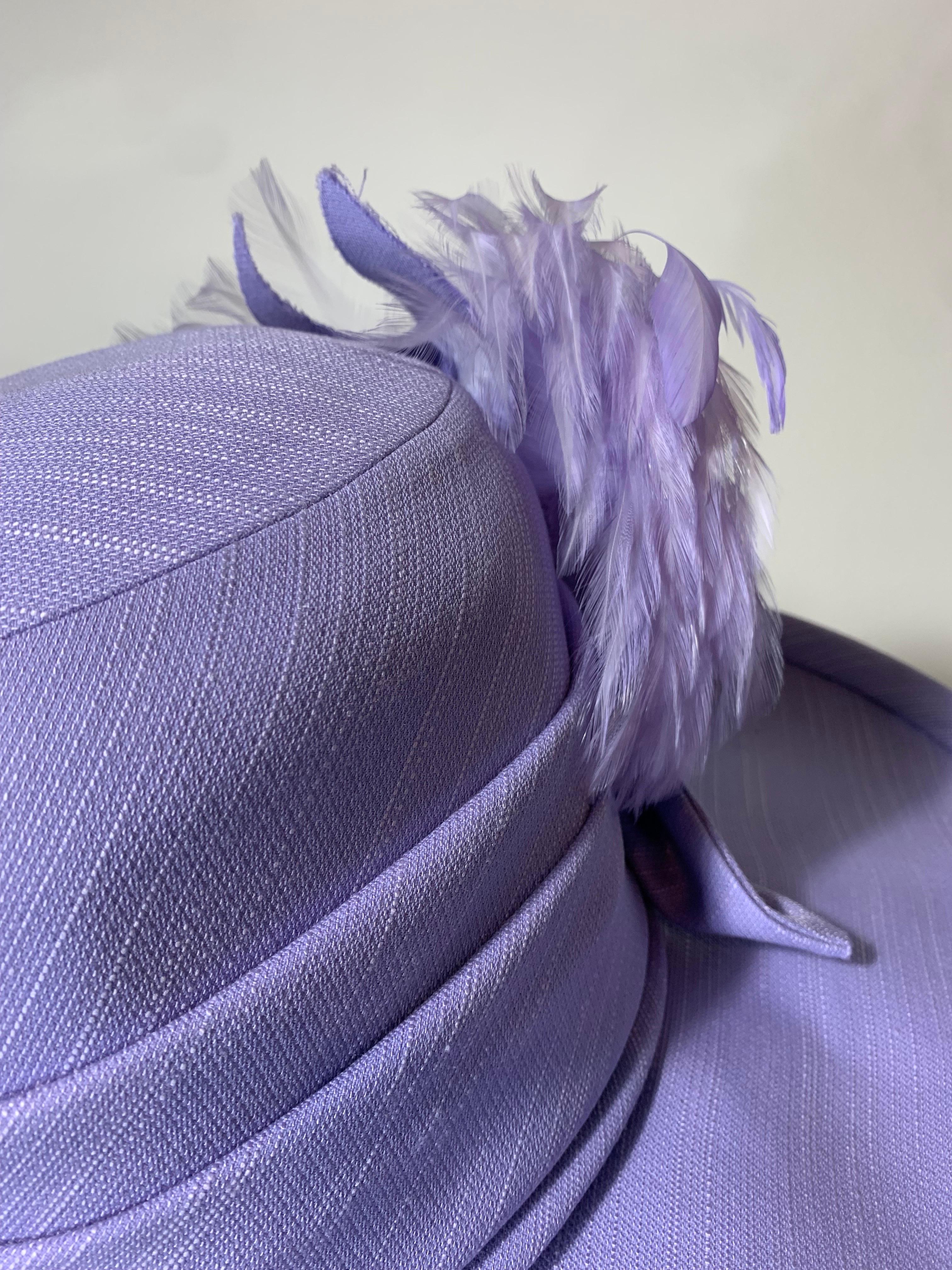 2010 Maison Michel Lavender Linen Wide Brim Hat w Feather & Floral Bouquet  For Sale 5
