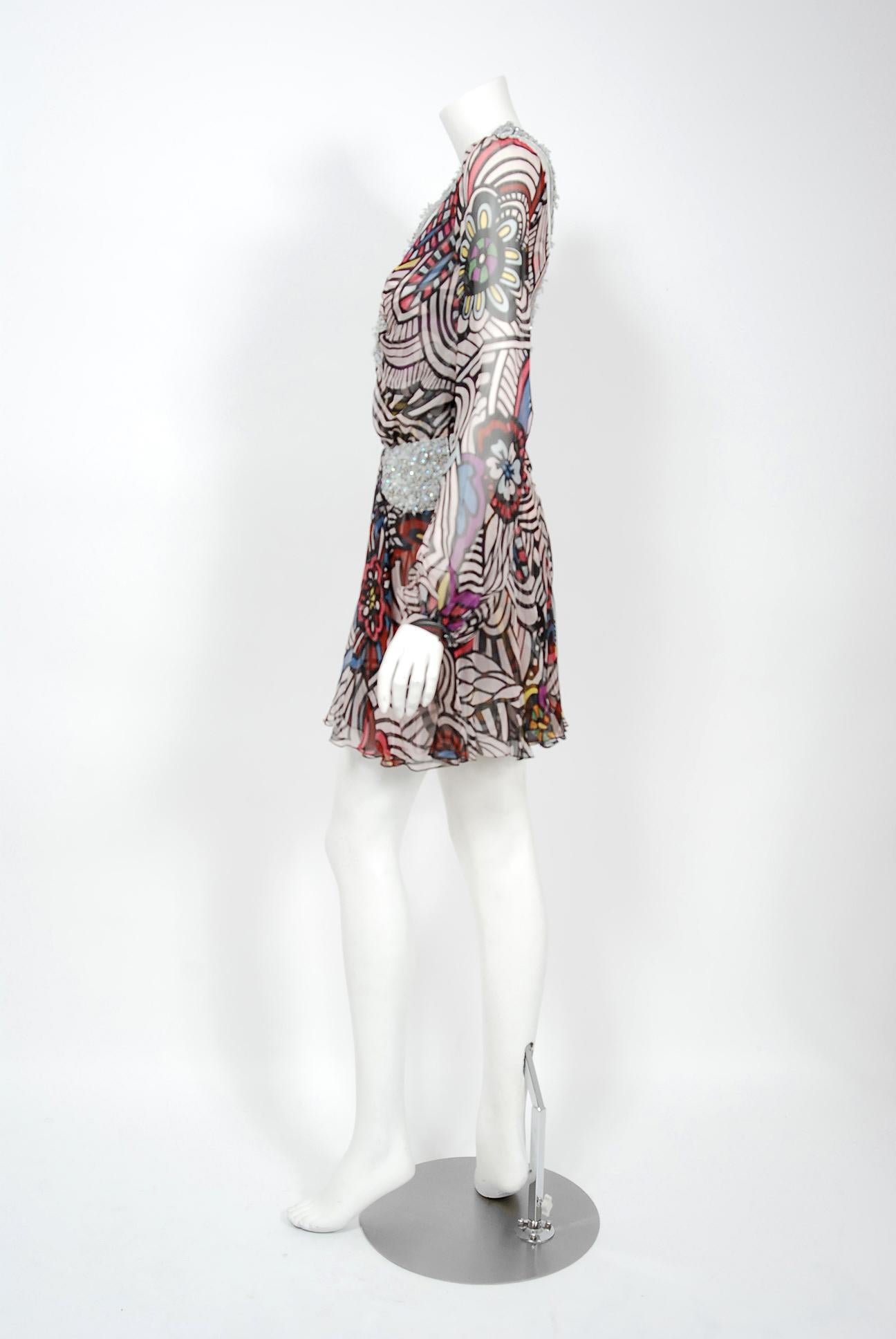 Gray Vintage Missoni Psychedelic Silk Chiffon Beaded Cut Out Mini Dress w/ Tags  For Sale