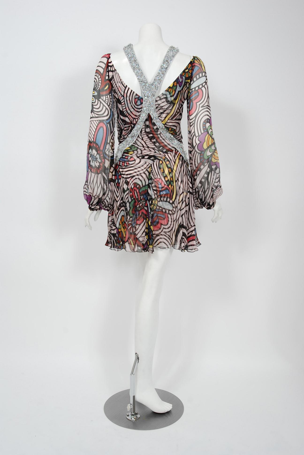 Vintage Missoni Psychedelic Silk Chiffon Beaded Cut Out Mini Dress w/ Tags  In Excellent Condition For Sale In Beverly Hills, CA