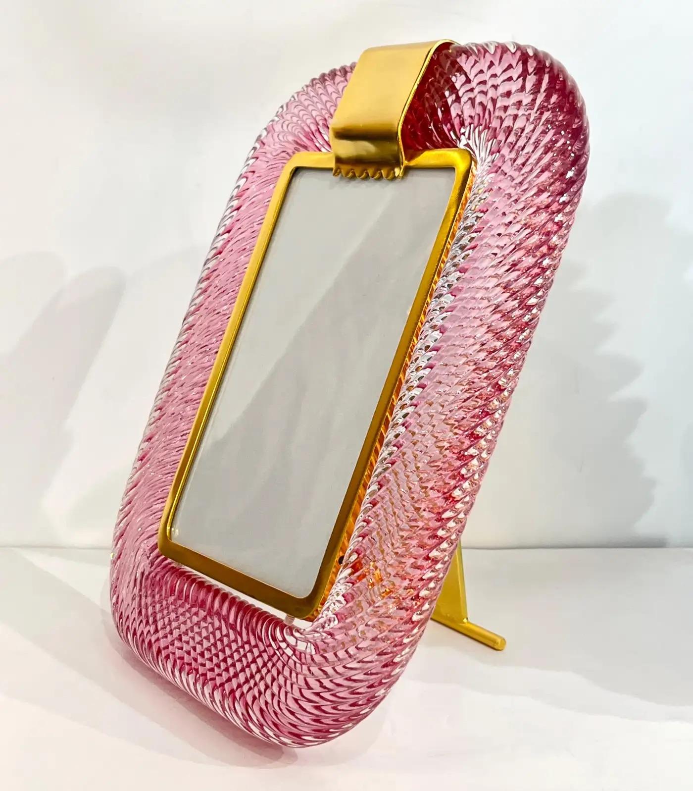 2010 Moderne italienische Rose Rosa Crystal Twisted Murano Glas Messing Bilderrahmen im Angebot 4