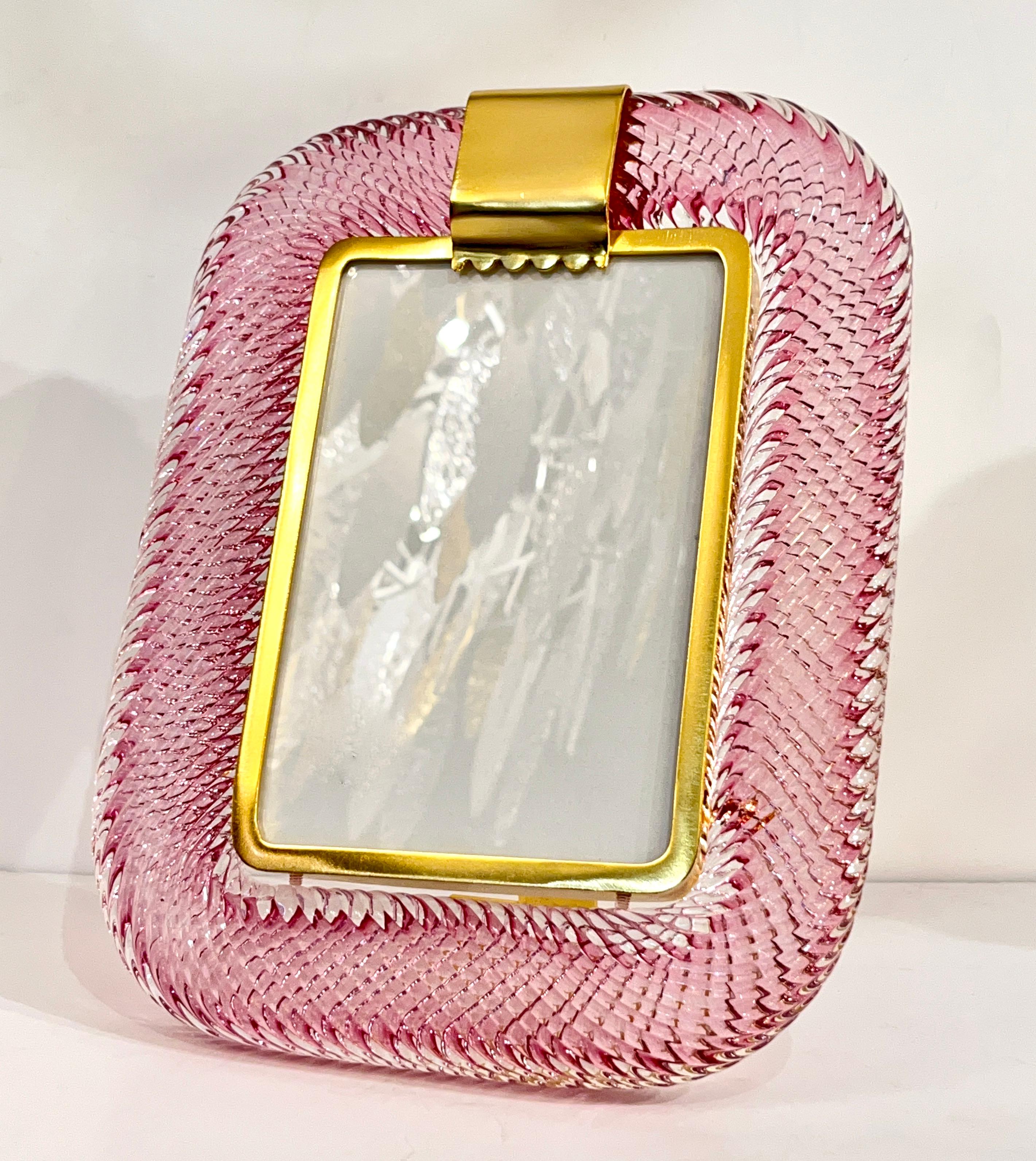 2010 Moderne italienische Rose Rosa Crystal Twisted Murano Glas Messing Bilderrahmen im Angebot 5
