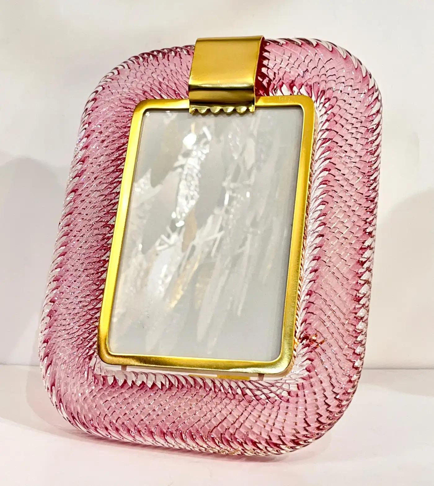 2010 Moderne italienische Rose Rosa Crystal Twisted Murano Glas Messing Bilderrahmen im Angebot 5