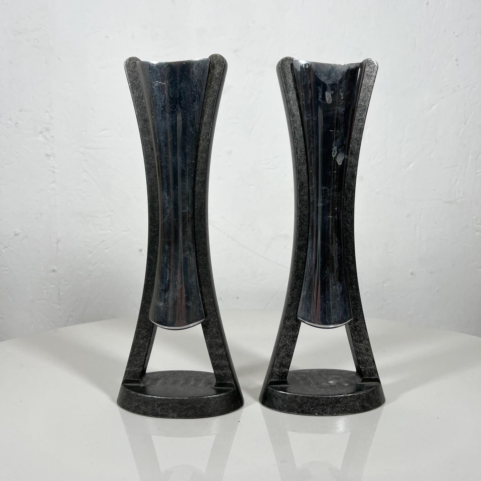 2010 Modern Vintage NAMBE sculptural candle holders by Neil Cohen
Neil Cohen designer
Measures: 9.5 tall x 3.5 wide x 2.25 depth
Aluminum and steel.
Signed on bottom mt0341 2010
Vintage unrestored condition with patina.
Refer to images