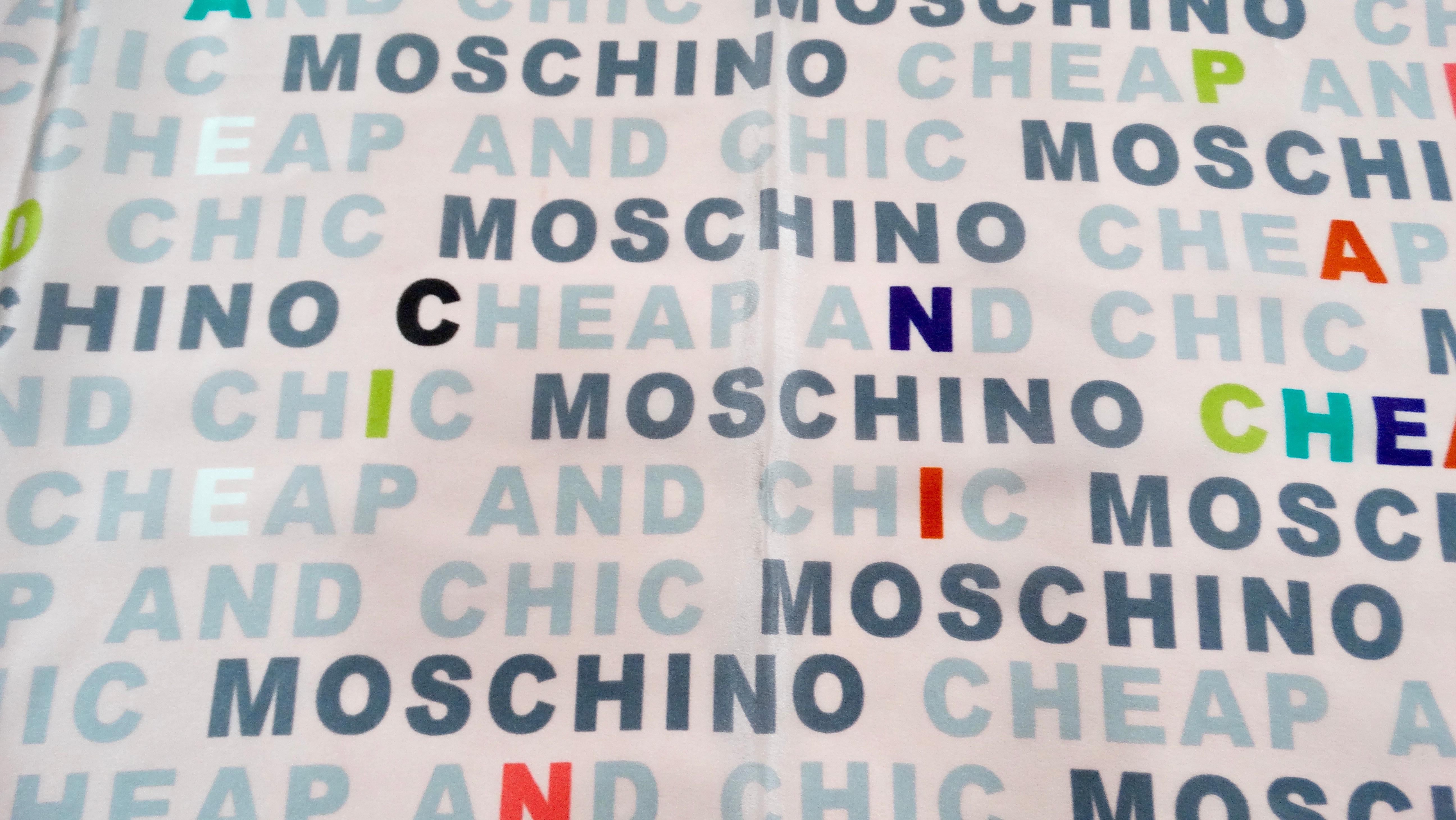 Beige 2010 Moschino Cheap & Chic Pink Multicolor Logo Print Silk Scarf For Sale