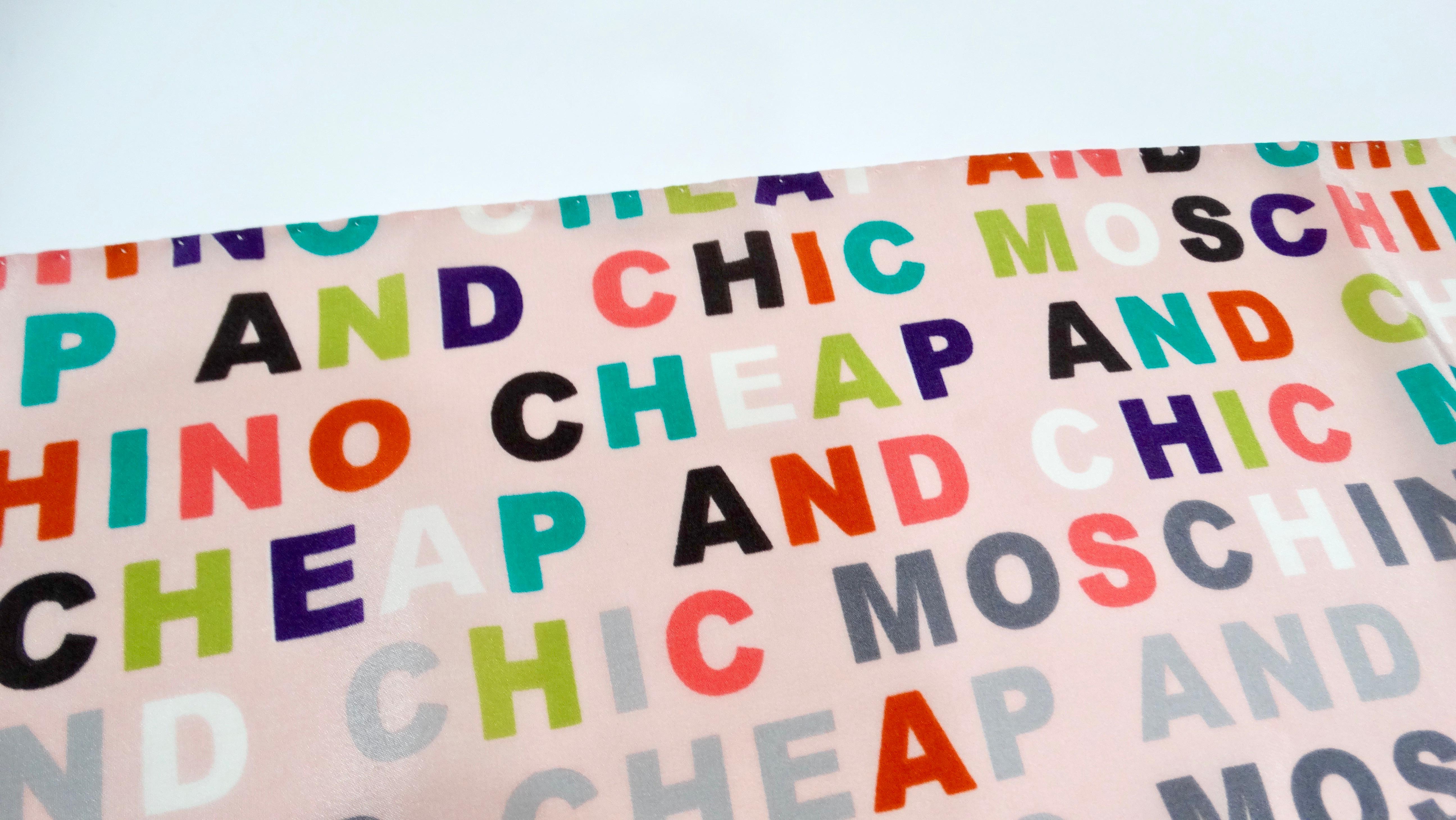 2010 Moschino Cheap & Chic Pink Multicolor Logo Print Silk Scarf In Good Condition For Sale In Scottsdale, AZ