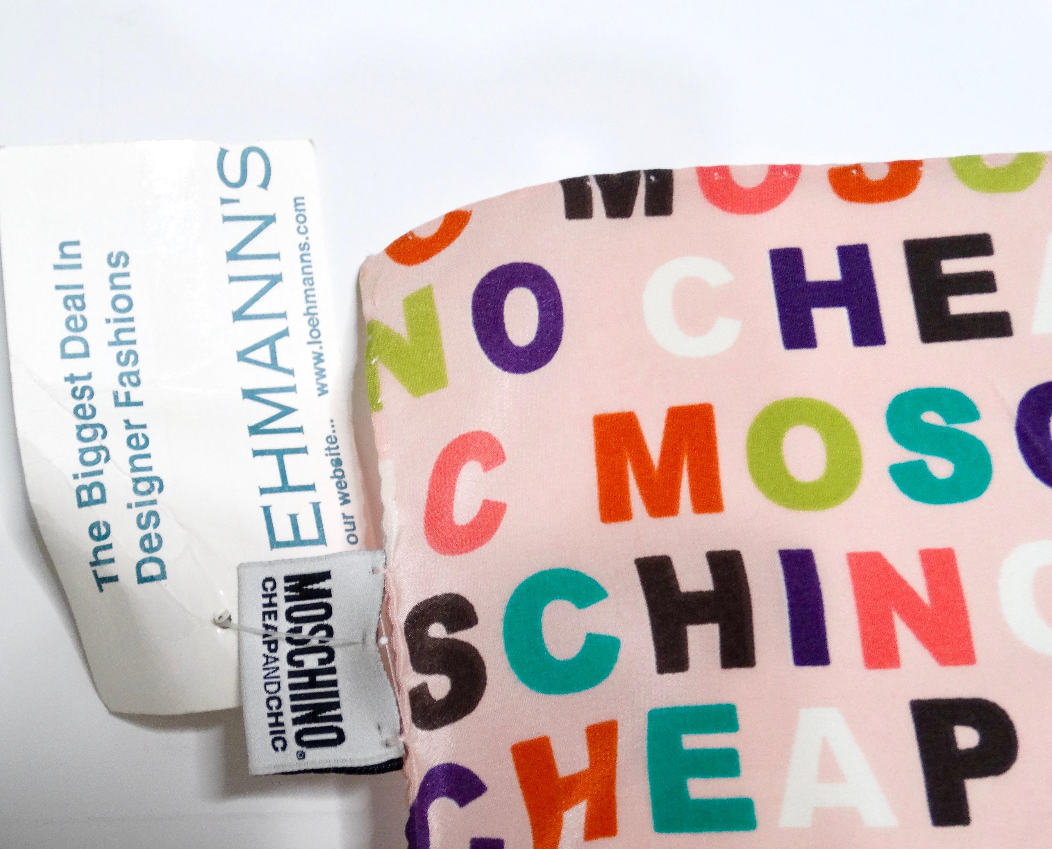 Women's 2010 Moschino Cheap & Chic Pink Multicolor Logo Print Silk Scarf For Sale