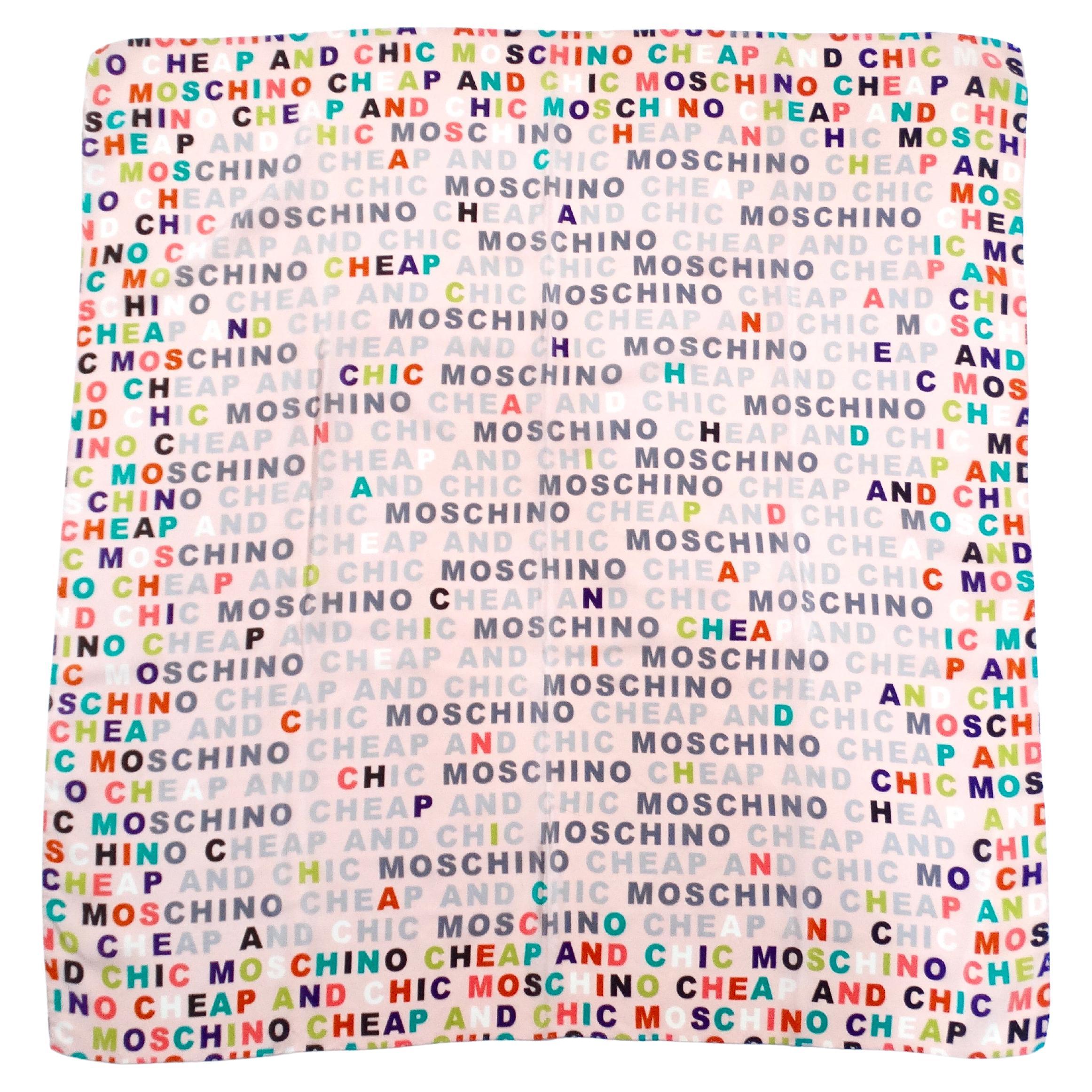 2010 Moschino Cheap & Chic Pink Multicolor Logo Print Silk Scarf For Sale