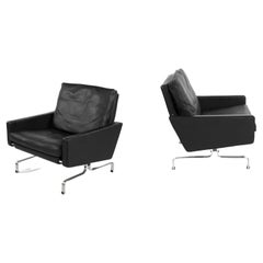 2010 Pair Poul Kjaerholm for Fritz Hansen PK31 Easy Lounge Chairs Black Leather