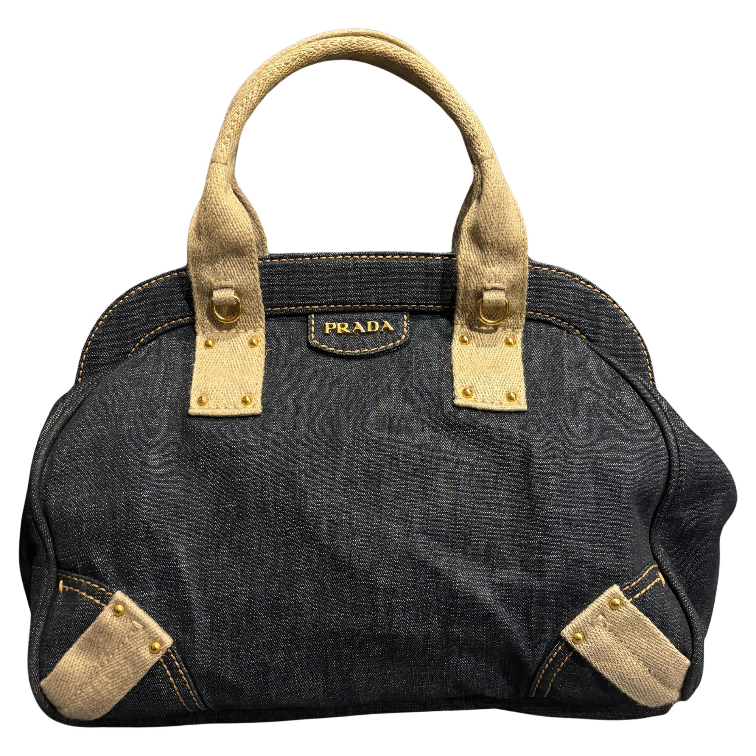 2010 Prada Bowler-Tasche aus blauem Denim im Angebot