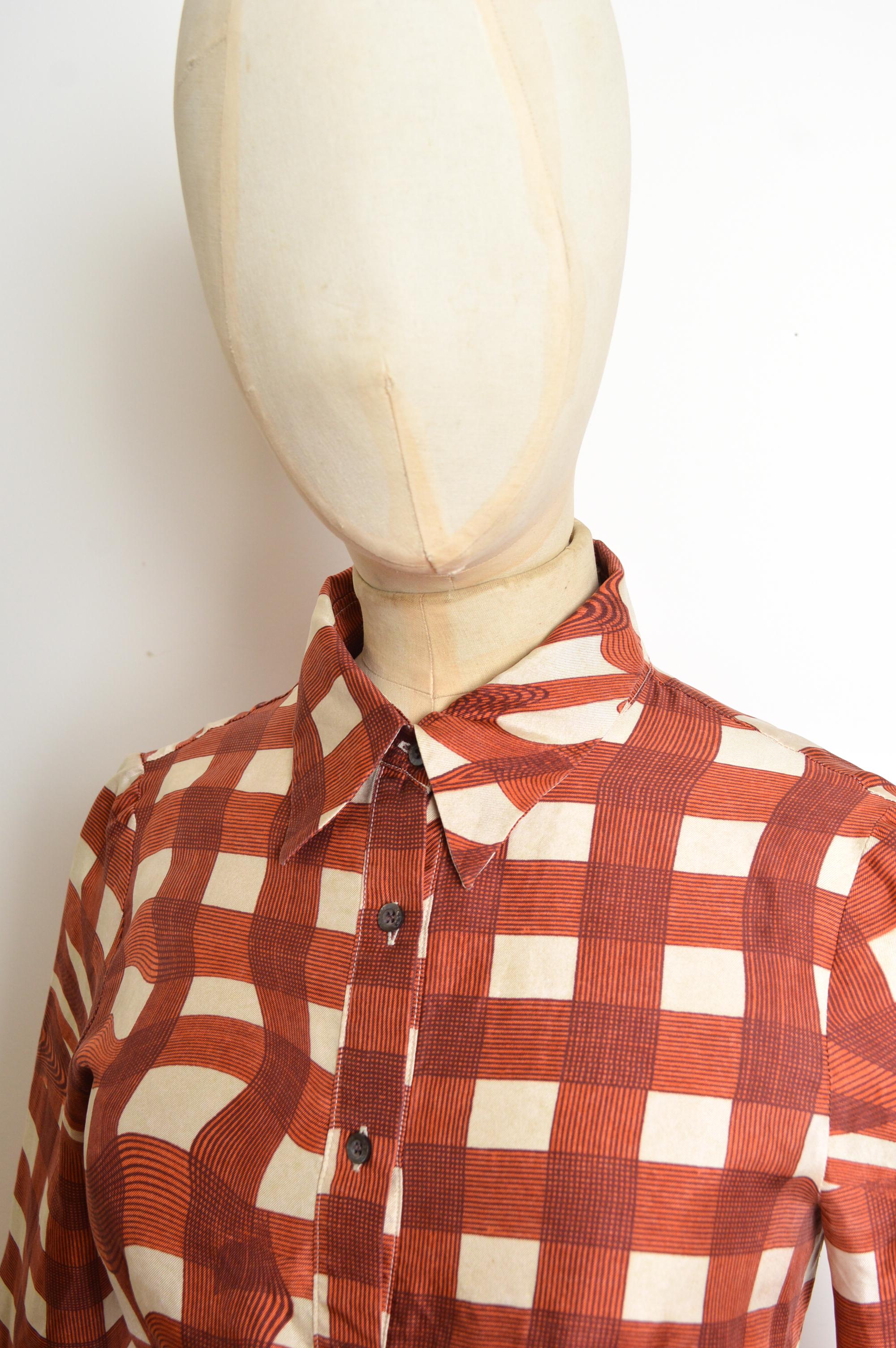 2010 Prada Camisa de Seda Pura Cobre y Crema con estampado de remolinos a cuadros - Blusa Marrón en venta