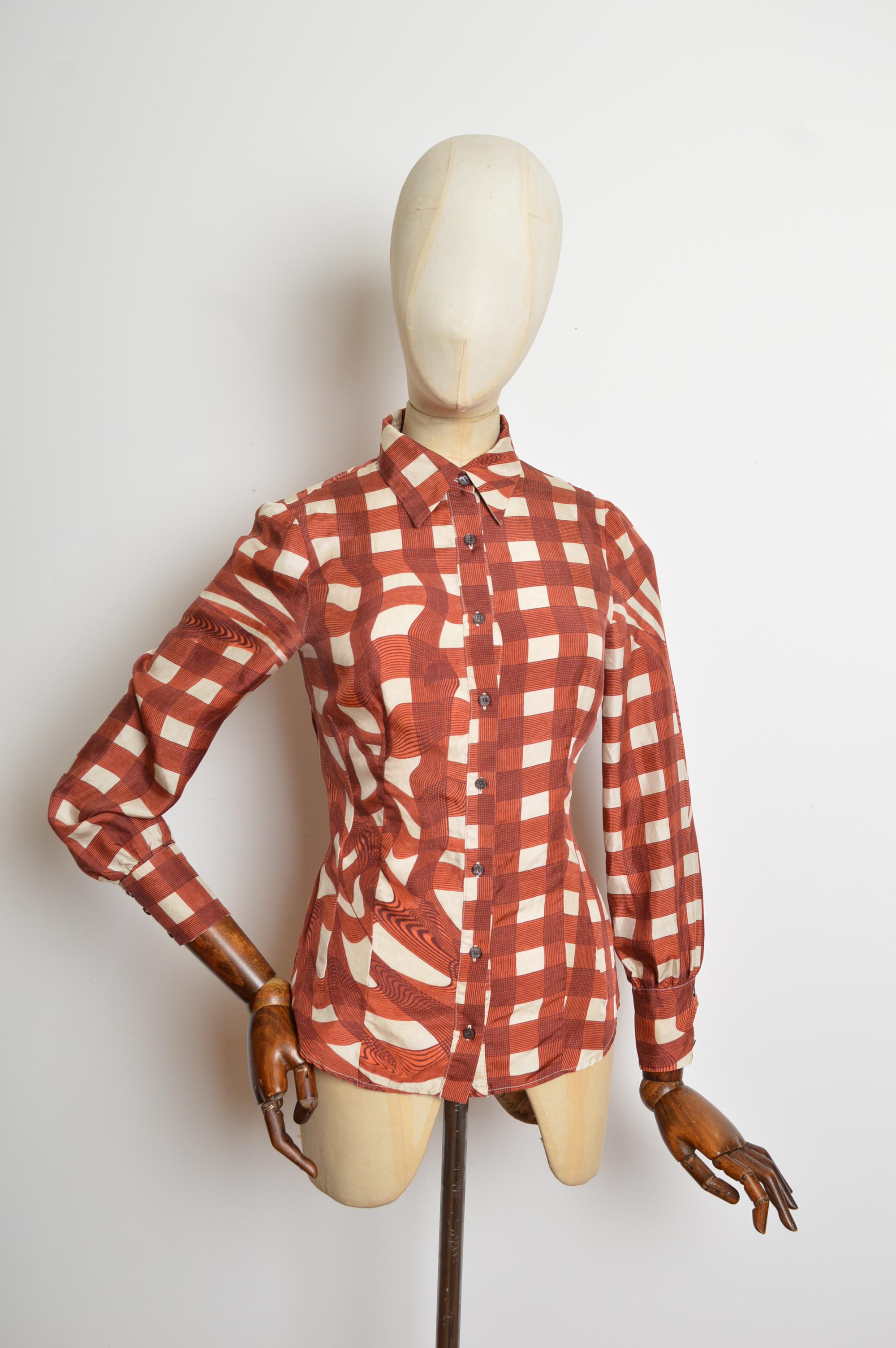 De las mujeres 2010 Prada Camisa de Seda Pura Cobre y Crema con estampado de remolinos a cuadros - Blusa en venta