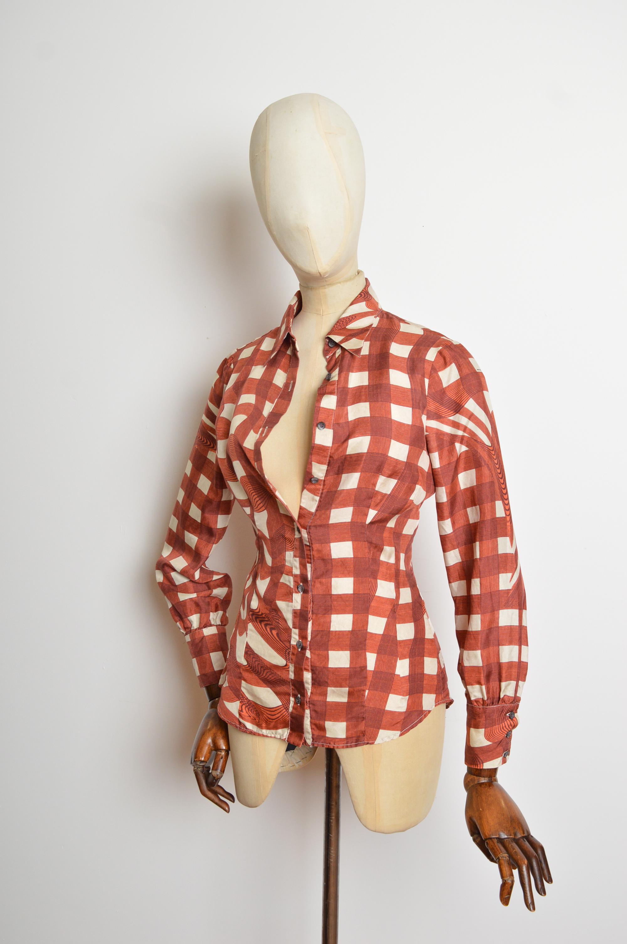 2010 Prada Camisa de Seda Pura Cobre y Crema con estampado de remolinos a cuadros - Blusa en venta 2
