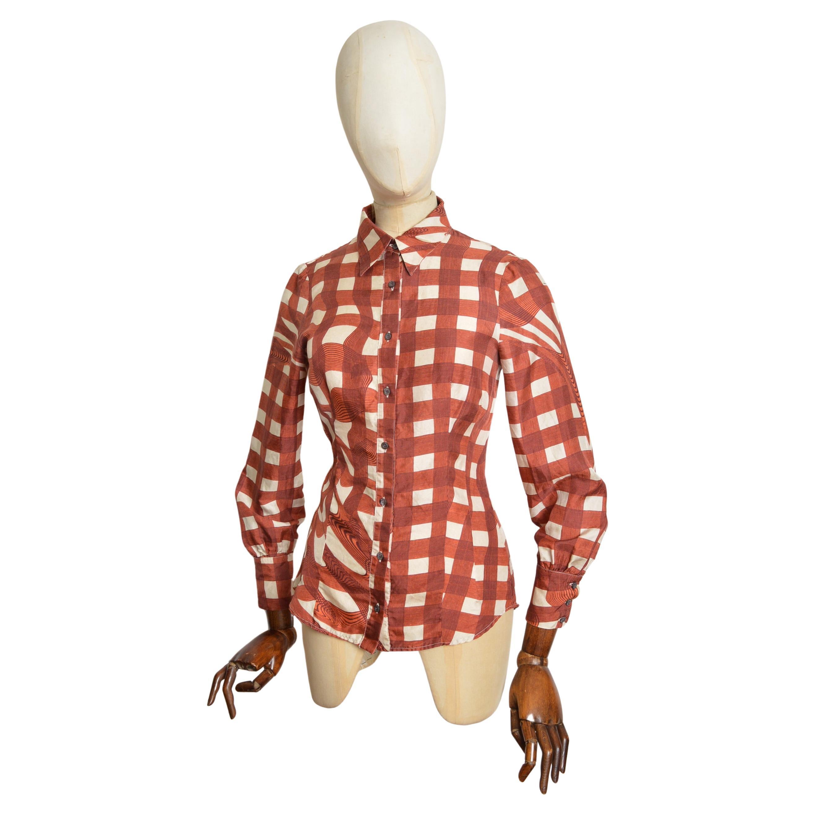 2010 Prada Camisa de Seda Pura Cobre y Crema con estampado de remolinos a cuadros - Blusa en venta
