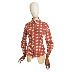 2010 Prada Camisa de Seda Pura Cobre y Crema con estampado de remolinos a cuadros - Blusa