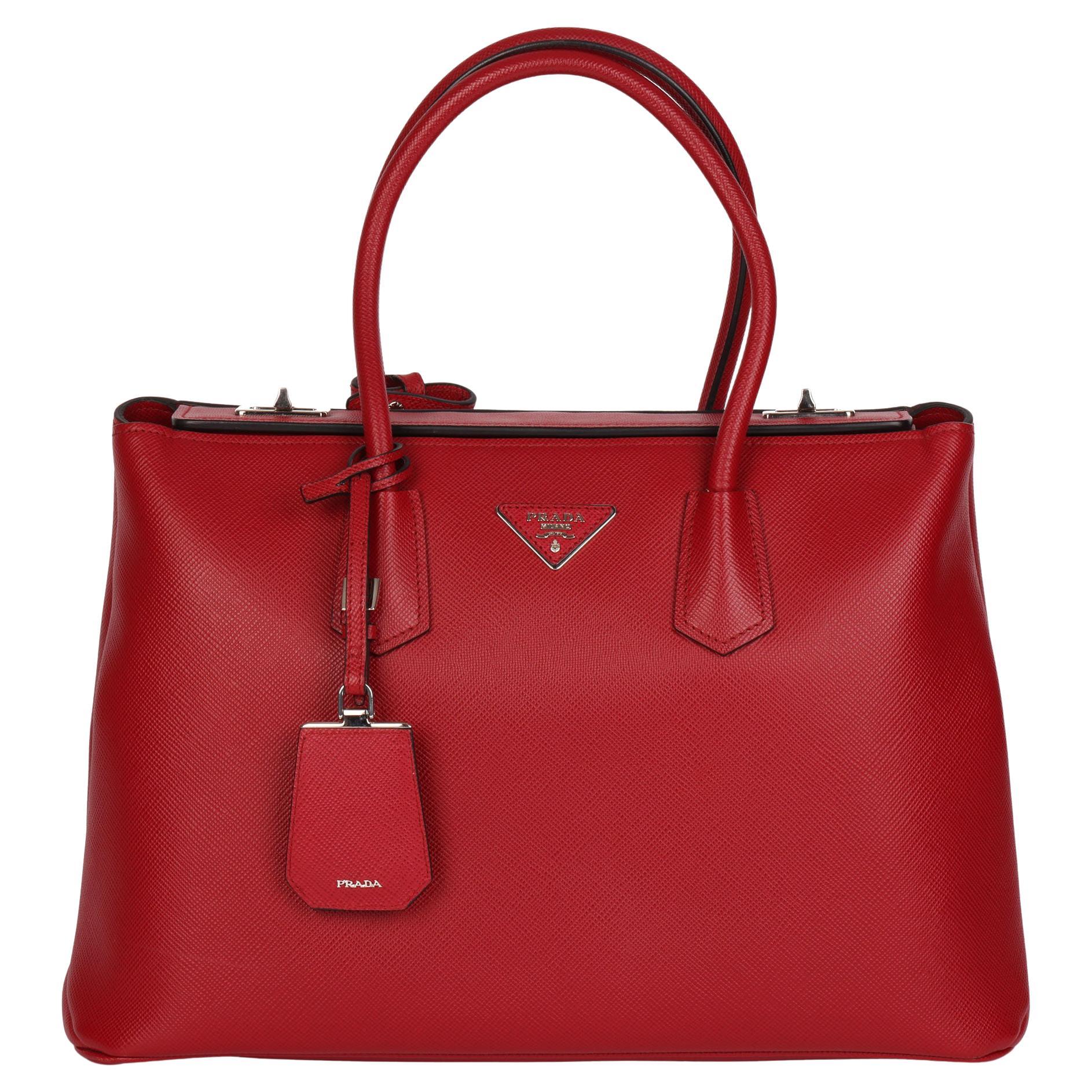 2010 Prada Red Saffiano Leather Twin Tote