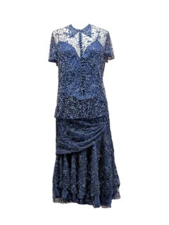 2010 Ralph Lauren Collection Navy Hand-Beaded Two-Piece Evening Top + Skirt Set