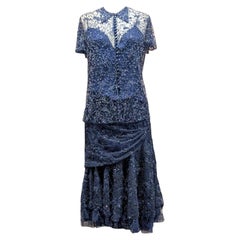 2010 Ralph Lauren Collection Navy Hand-Beaded Two-Piece Evening Top + Skirt Set