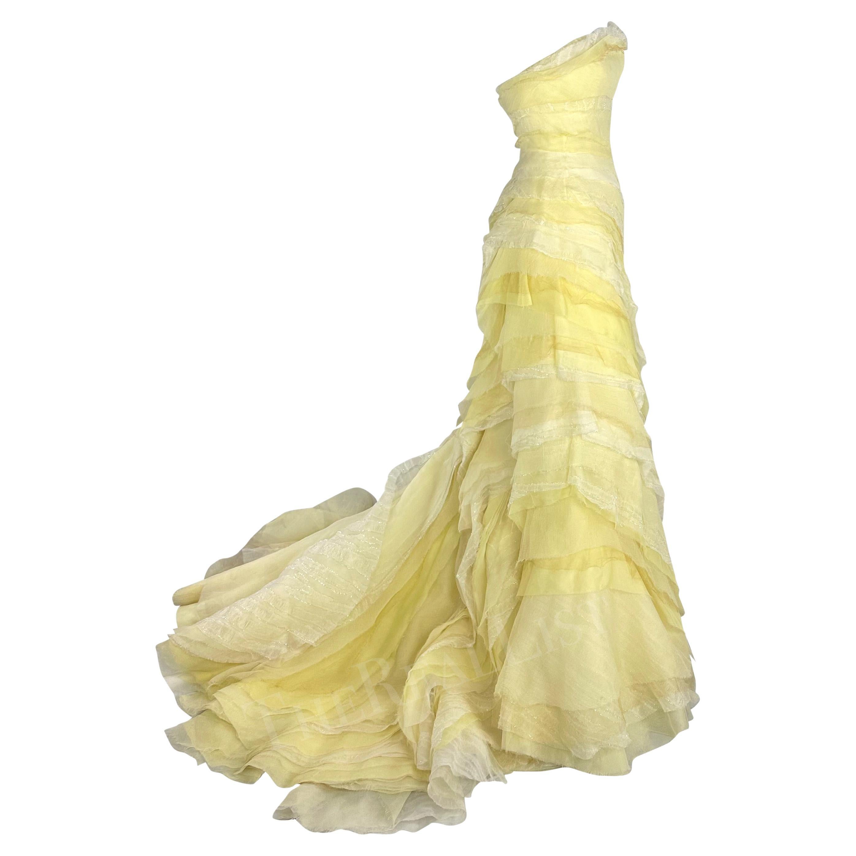 2010 Roberto Cavalli Custom Red Carpet Pastel Canary Yellow Tulle Gown Train For Sale