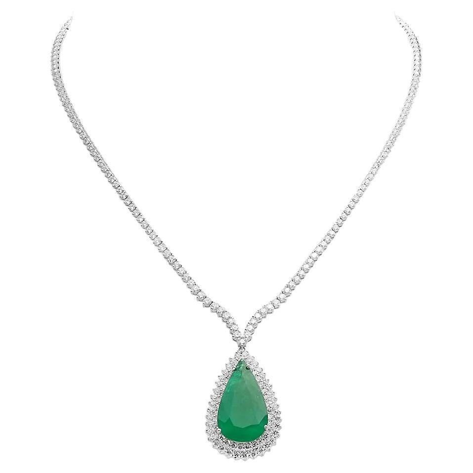 20.10ct Natural Emerald and Diamond 18K Solid White Gold Necklace