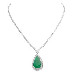 20.10ct Natural Emerald and Diamond 18K Solid White Gold Necklace