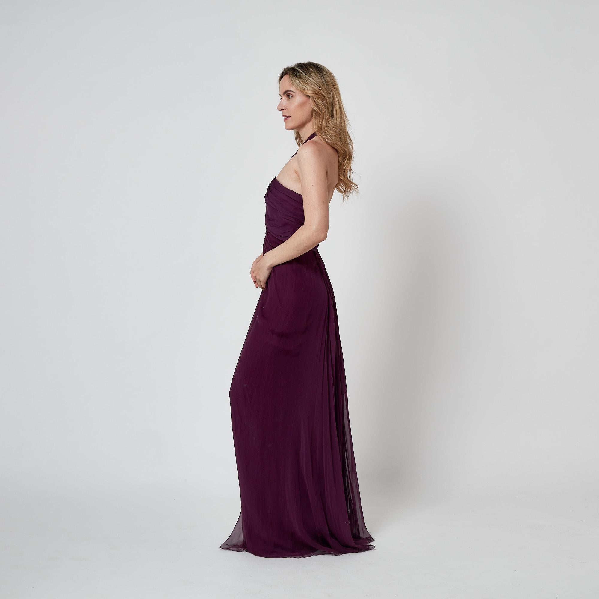 Alberta Ferretti, abito anni 2010 in chiffon di seta e pizzo, color melanzana, con scollo al collo. in vendita 1