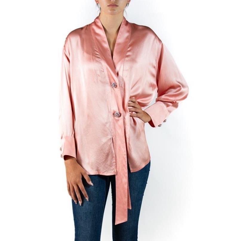 2010S Alta Moda Dolce & Gabbana Bubble Gum Pink Silk Satin Blouse With Giant Cr In Excellent Condition For Sale In New York, NY