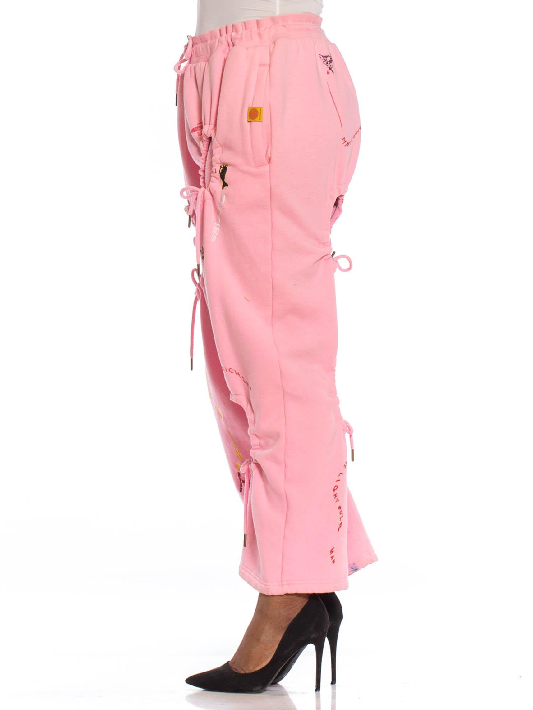 2010S Baby Pink Sweat Pants With Graffiti Embroidery And Decorative Holes In Excellent Condition In New York, NY