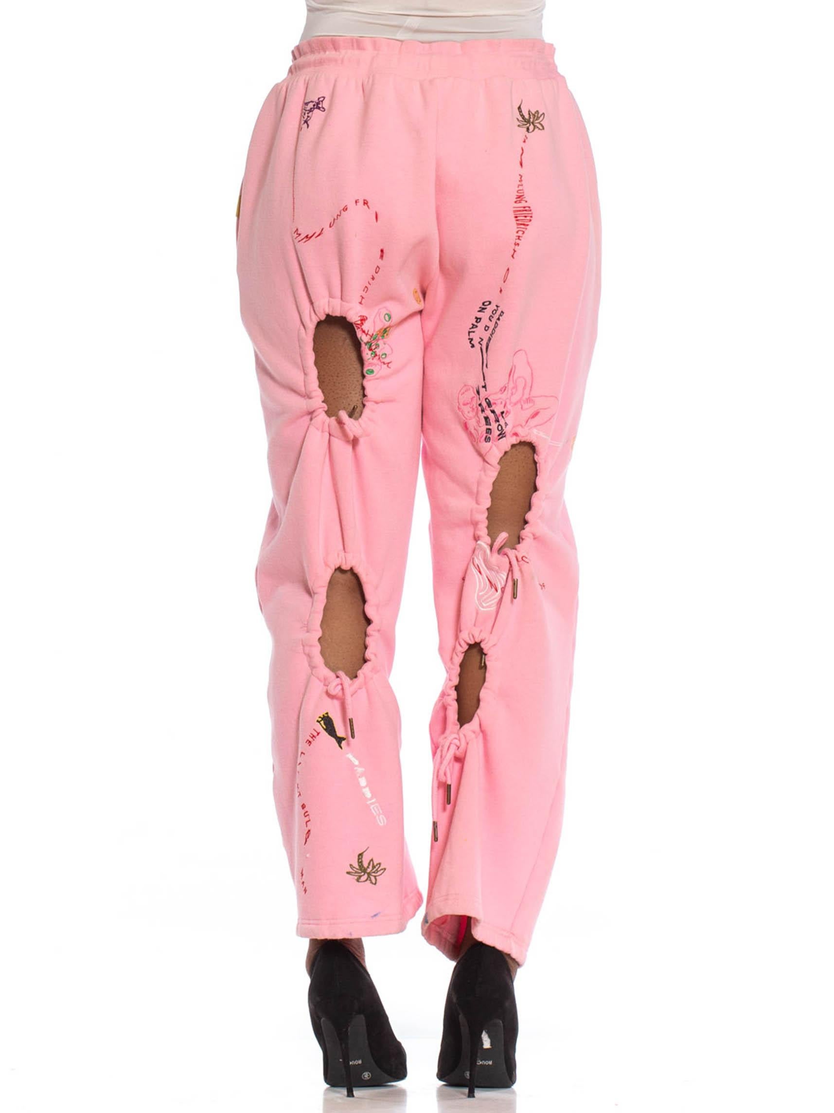 Women's or Men's 2010S Baby Pink Sweat Pants With Graffiti Embroidery And Decorative Holes