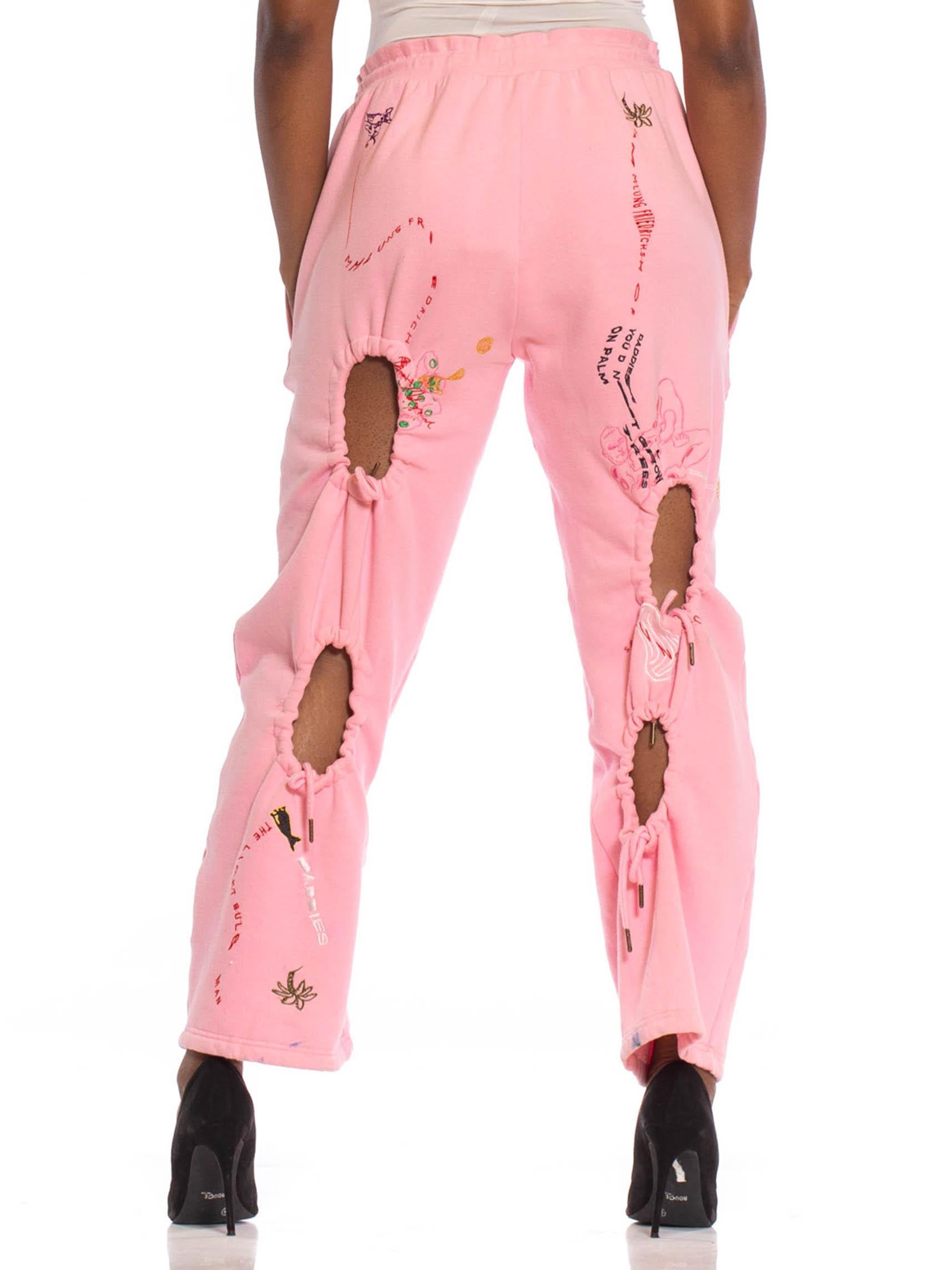 2010S Baby Pink Sweat Pants With Graffiti Embroidery And Decorative Holes 2