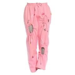 2010S Baby Pink Sweat Pants With Graffiti Embroidery And Decorative Holes