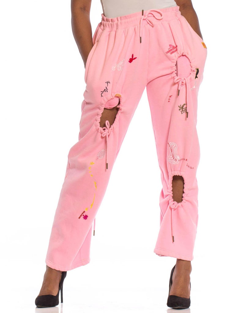 2010S Baby Pink Sweat Pants With Graffiti Embroidery And Decorative