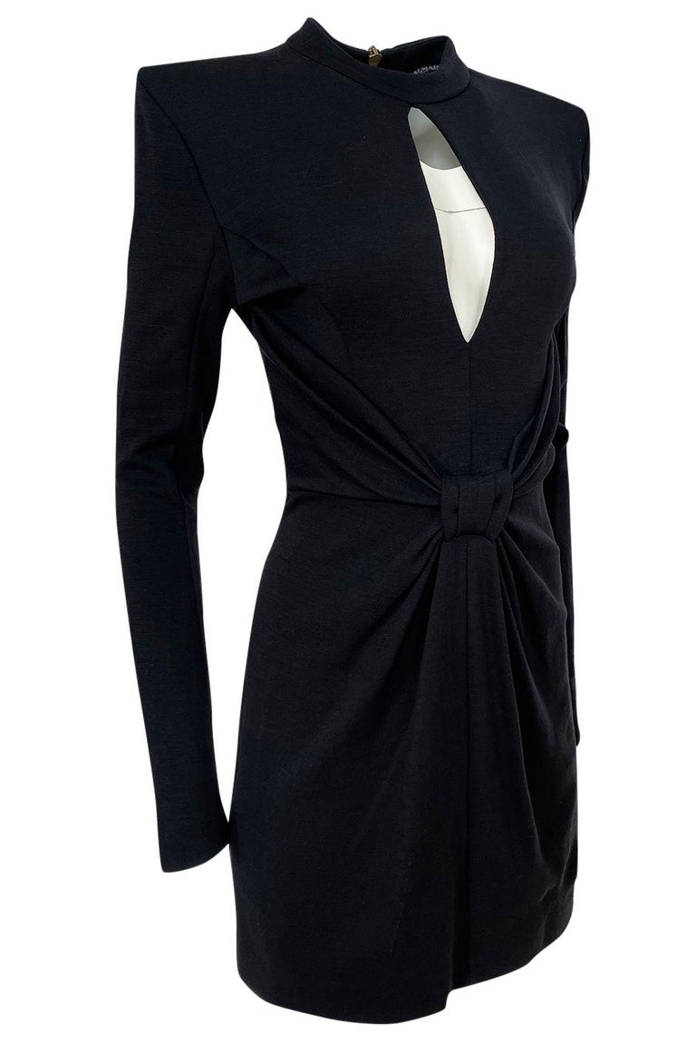 2010s Balmain Black Jersey Dress w Strong Shoulders, Front Knot and ...