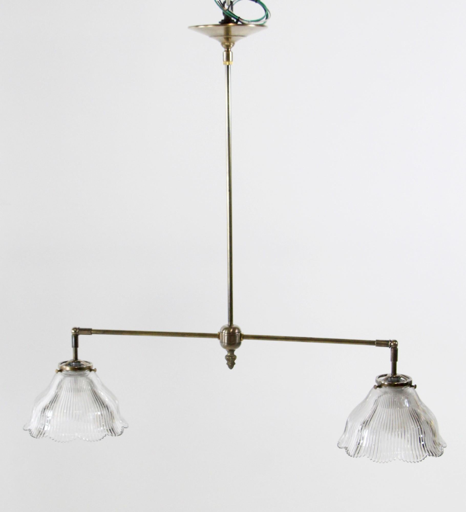 Industrial 2010s Brass Pendant Light with Two Antique Ruffled Prism Glass Shades