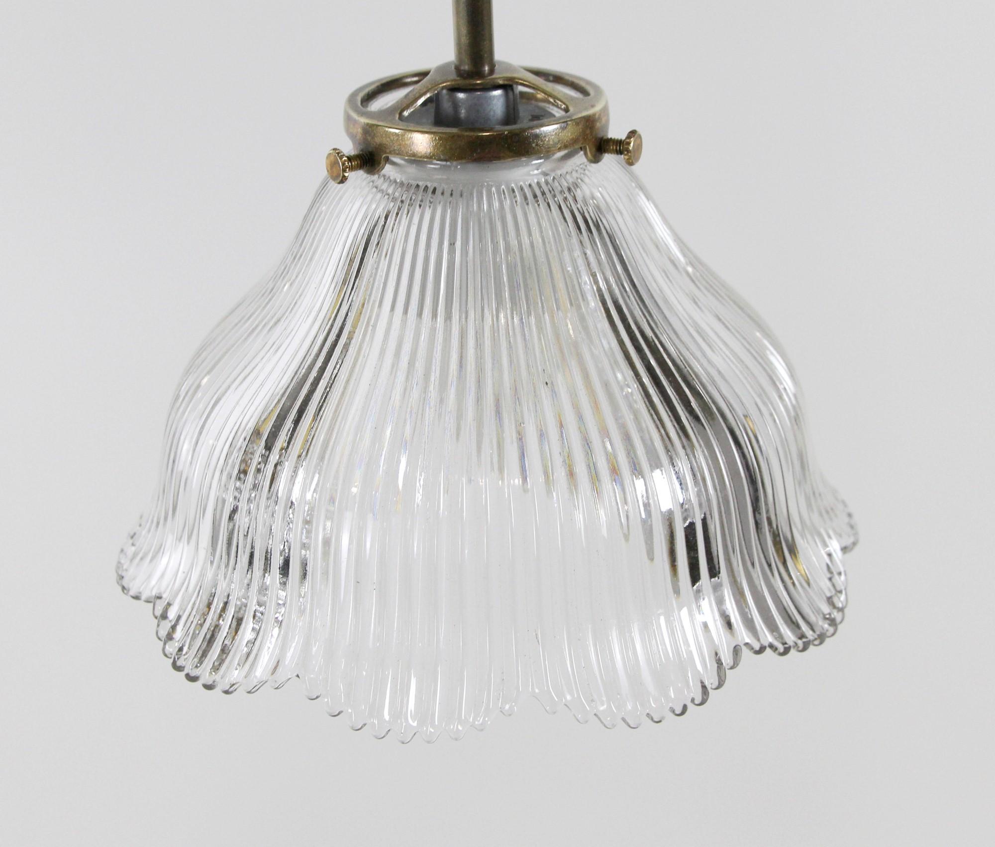 North American 2010s Brass Pendant Light with Two Antique Ruffled Prism Glass Shades