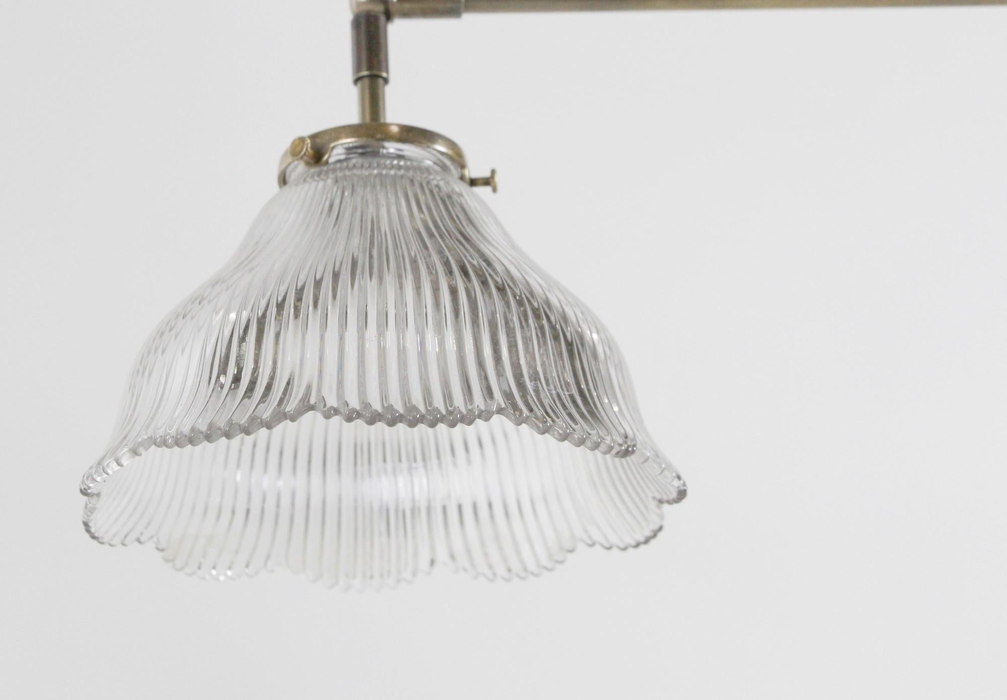 2010s Brass Pendant Light with Two Antique Ruffled Prism Glass Shades In Good Condition In New York, NY