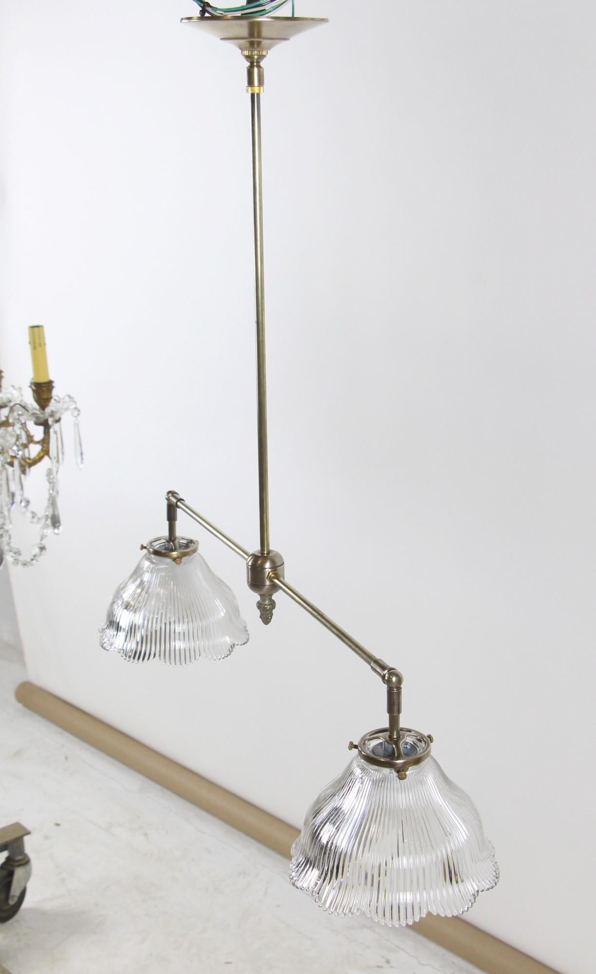 Contemporary 2010s Brass Pendant Light with Two Antique Ruffled Prism Glass Shades