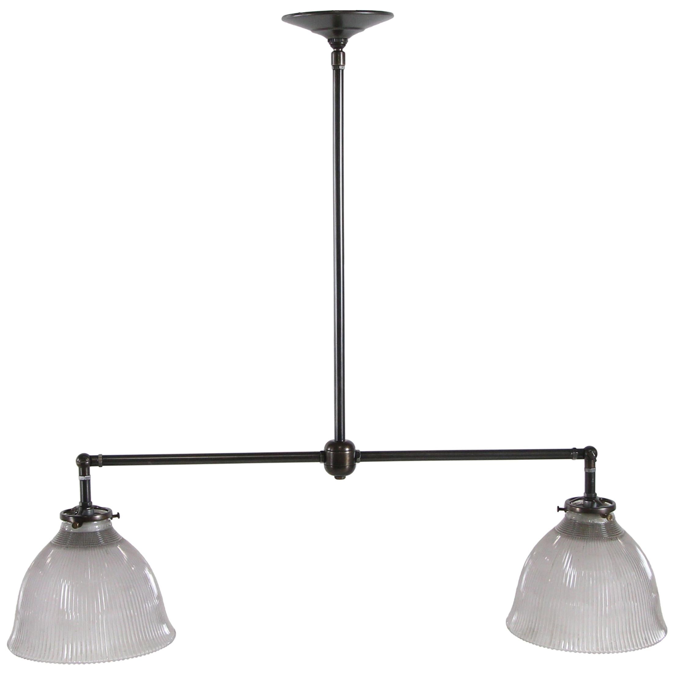 Brass Pendant Light Double Frosted Holophane Shades Antique Finish For