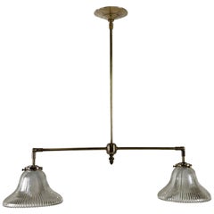 2010s Brass Pendant Light with Double Glass Shades Featuring Prism Pin Stripes