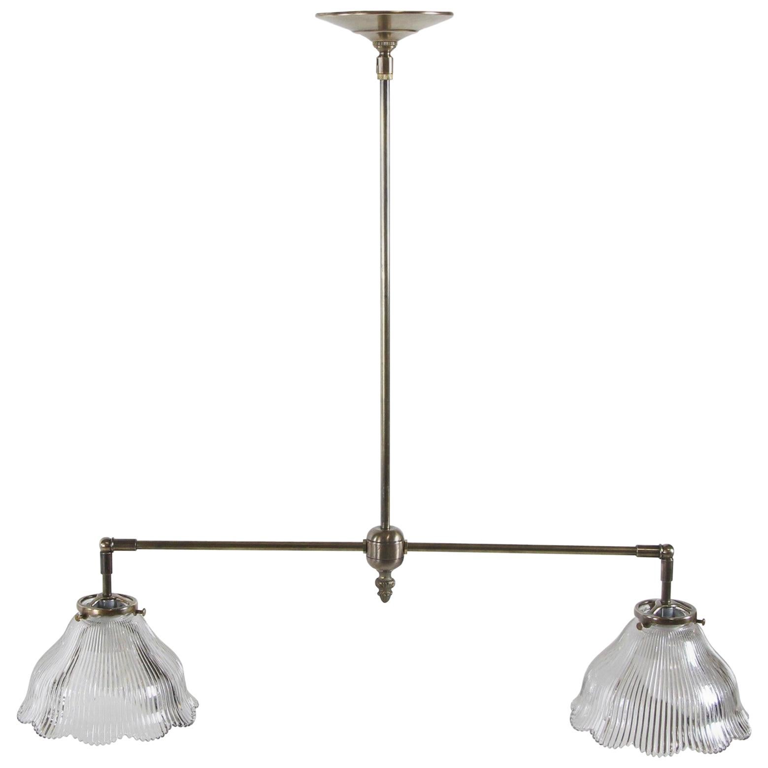 2010s Brass Pendant Light with Two Antique Ruffled Prism Glass Shades