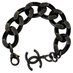 2010s CHANEL Black Silver Toned Chain Link Bracelet Unisex Mens