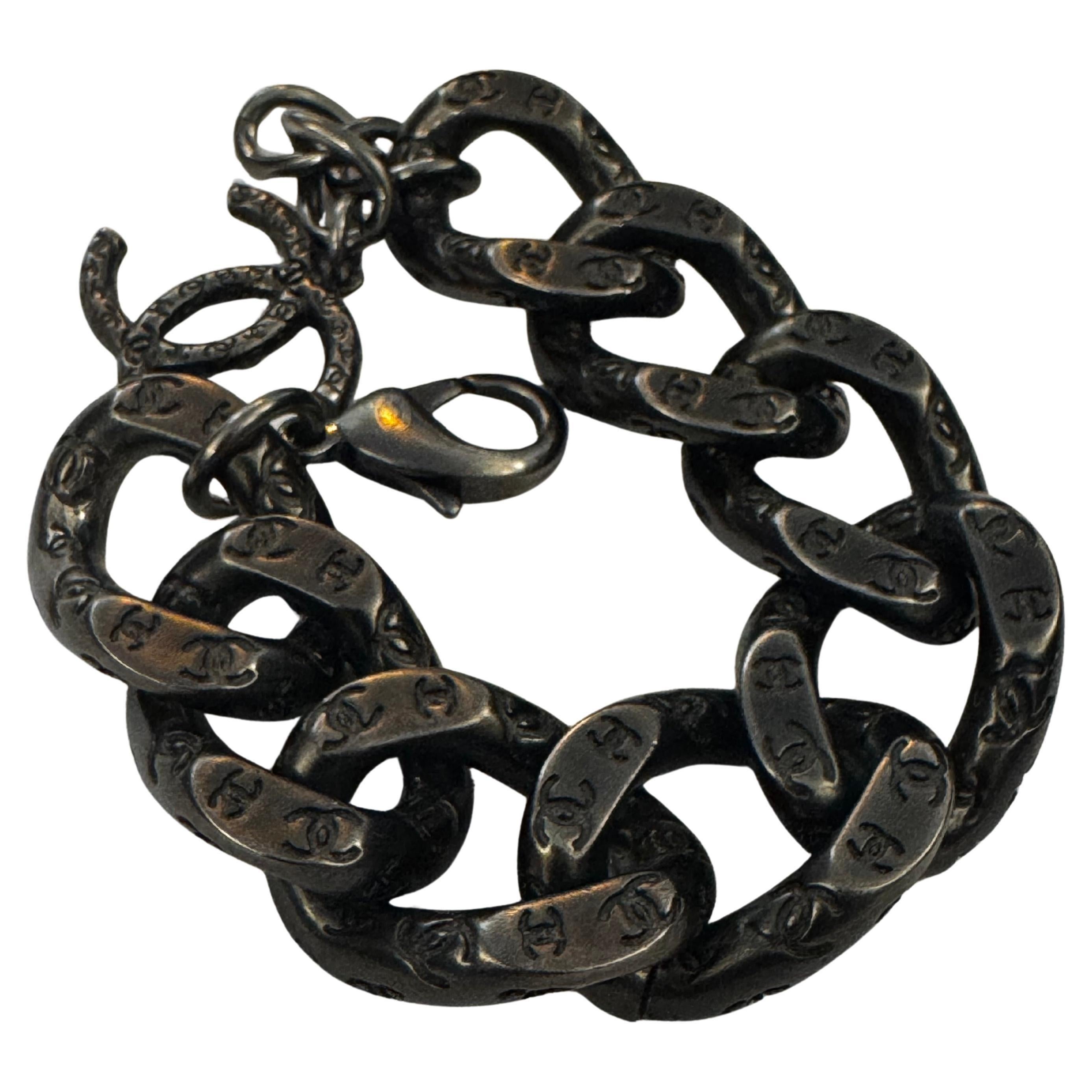 2010s CHANEL Black Silver Toned Chain Link Bracelet Unisex Mens For Sale 1