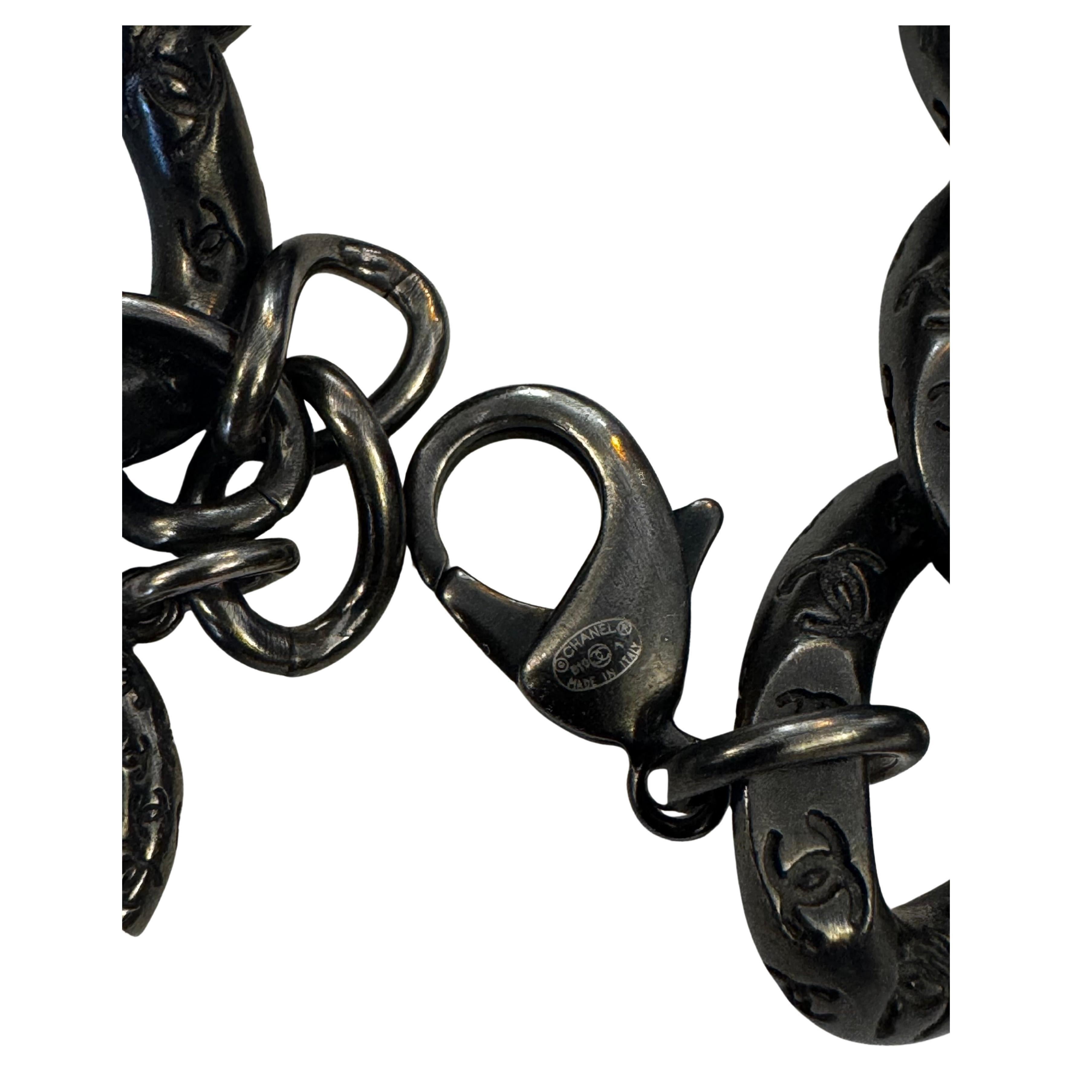 2010s CHANEL Black Silver Toned Chain Link Bracelet Unisex Mens For Sale 2