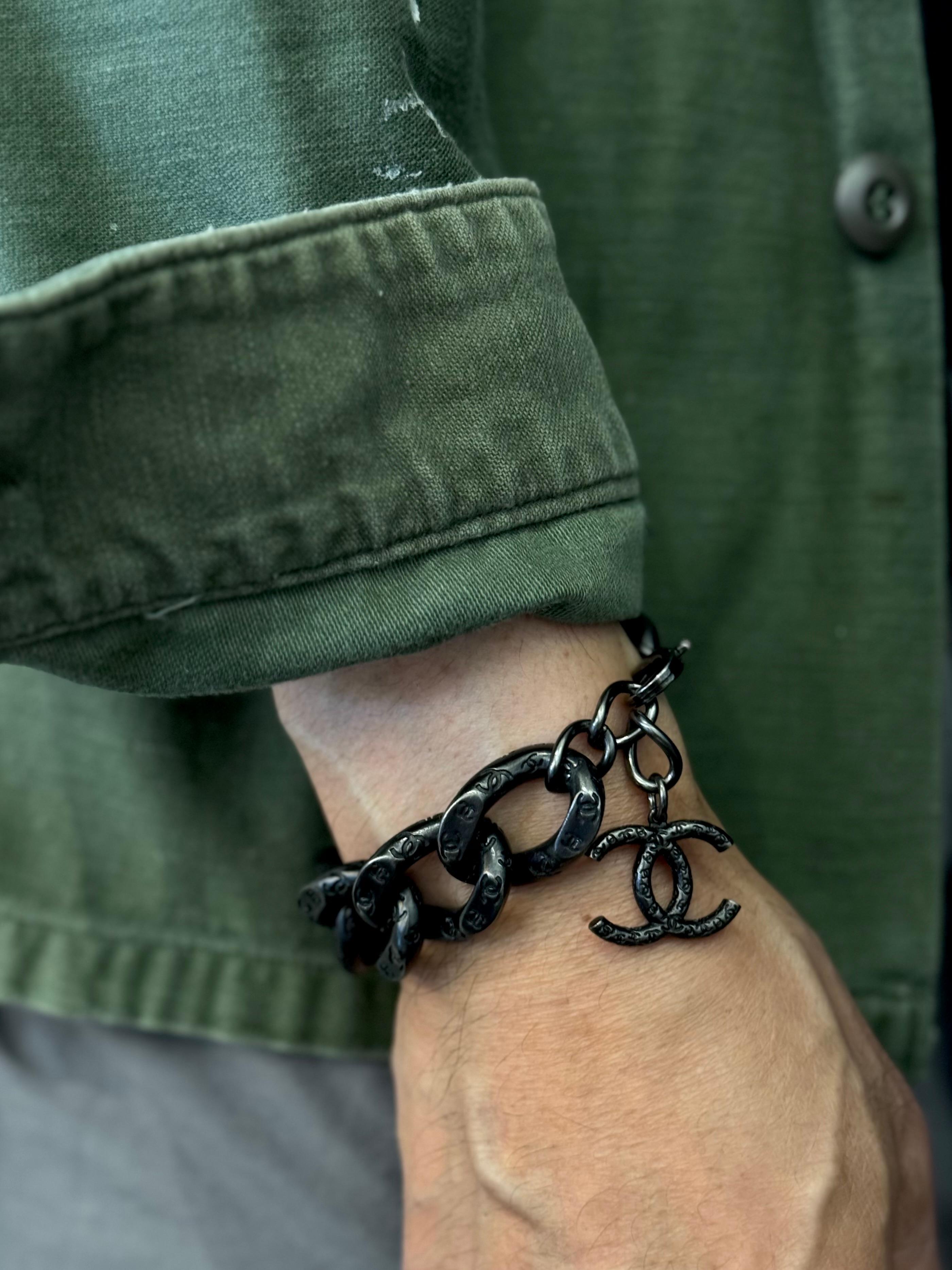 2010s CHANEL Black Silver Toned Chain Link Bracelet Unisex Mens For Sale 3